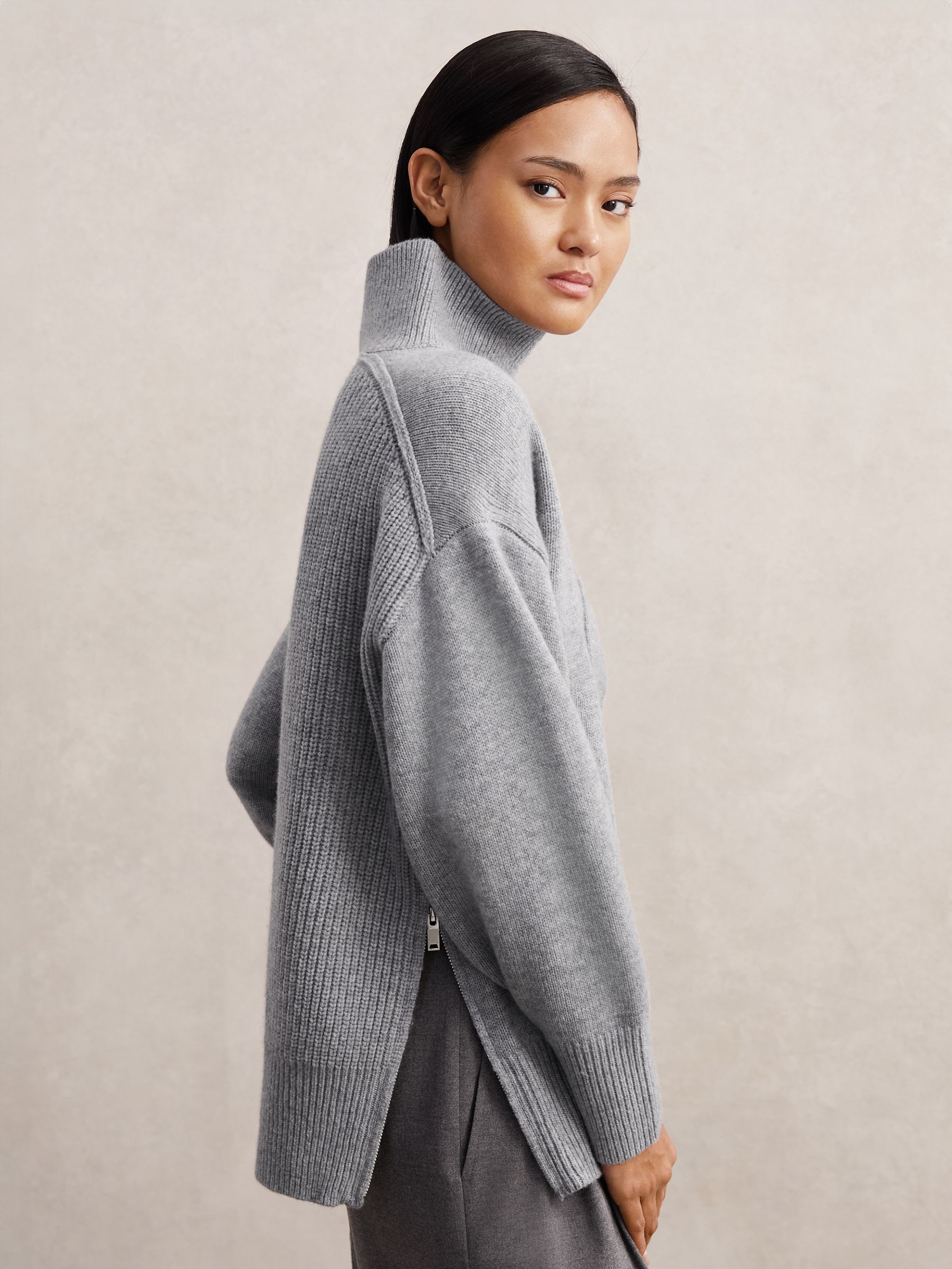 Wool Zip-Detail Funnel-Neck Jumper in Grey