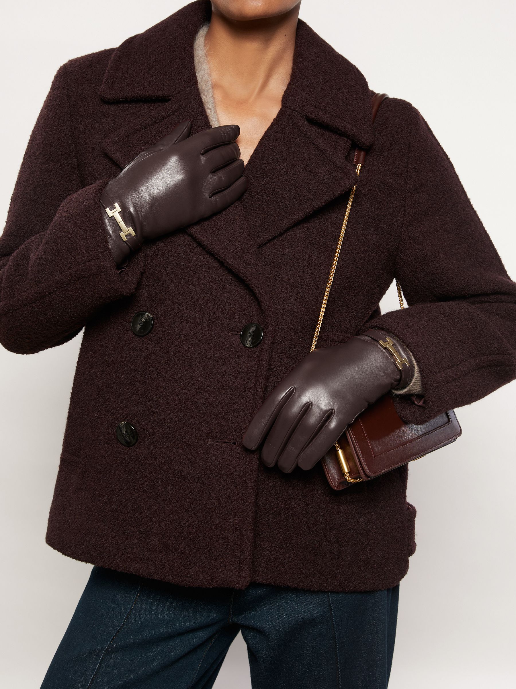 Leather Hardware-Embellished Gloves in Burgundy