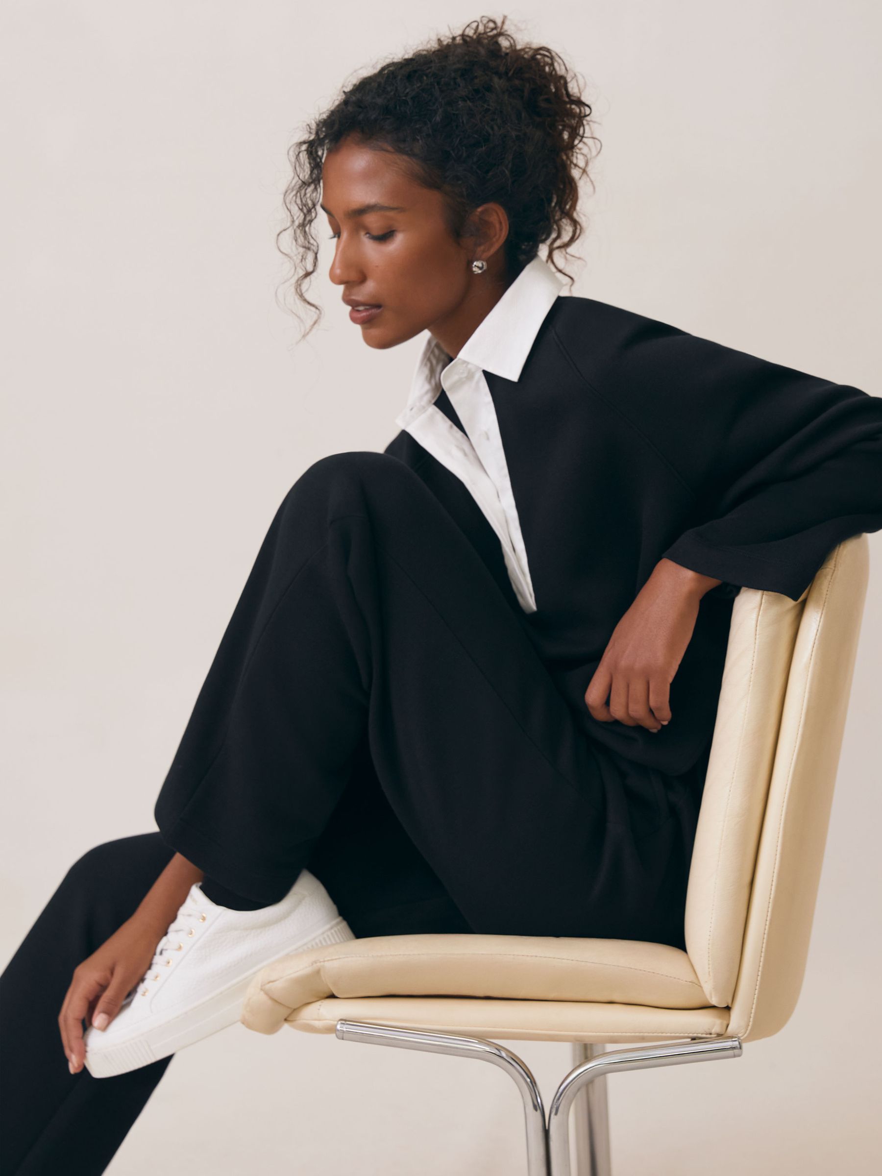 Cotton Blend Interlock Wide Leg Joggers in Black/White