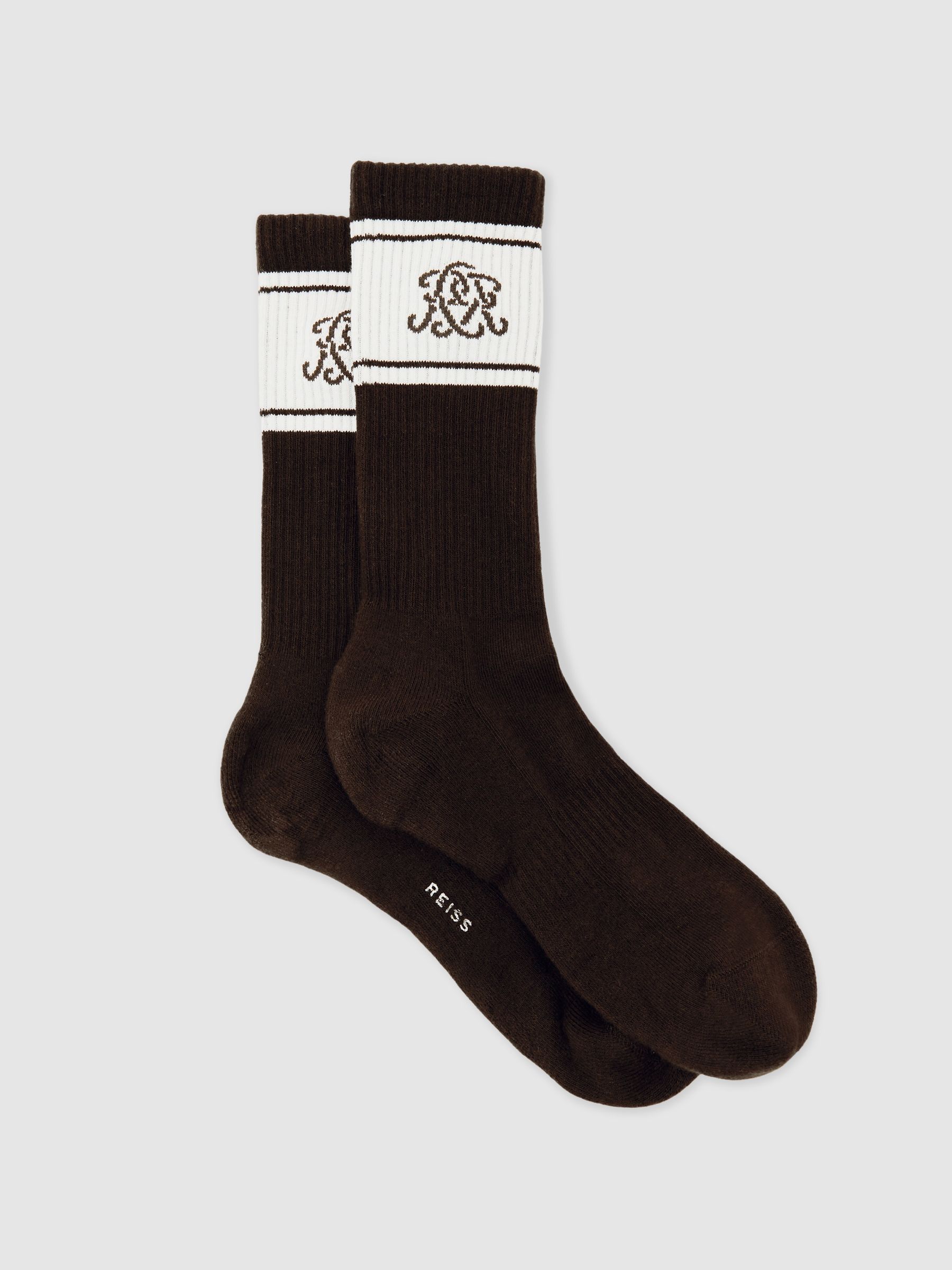 Monogram Cotton-Blend Rib Sport Socks in Chocolate Brown/Ecru/Navy
