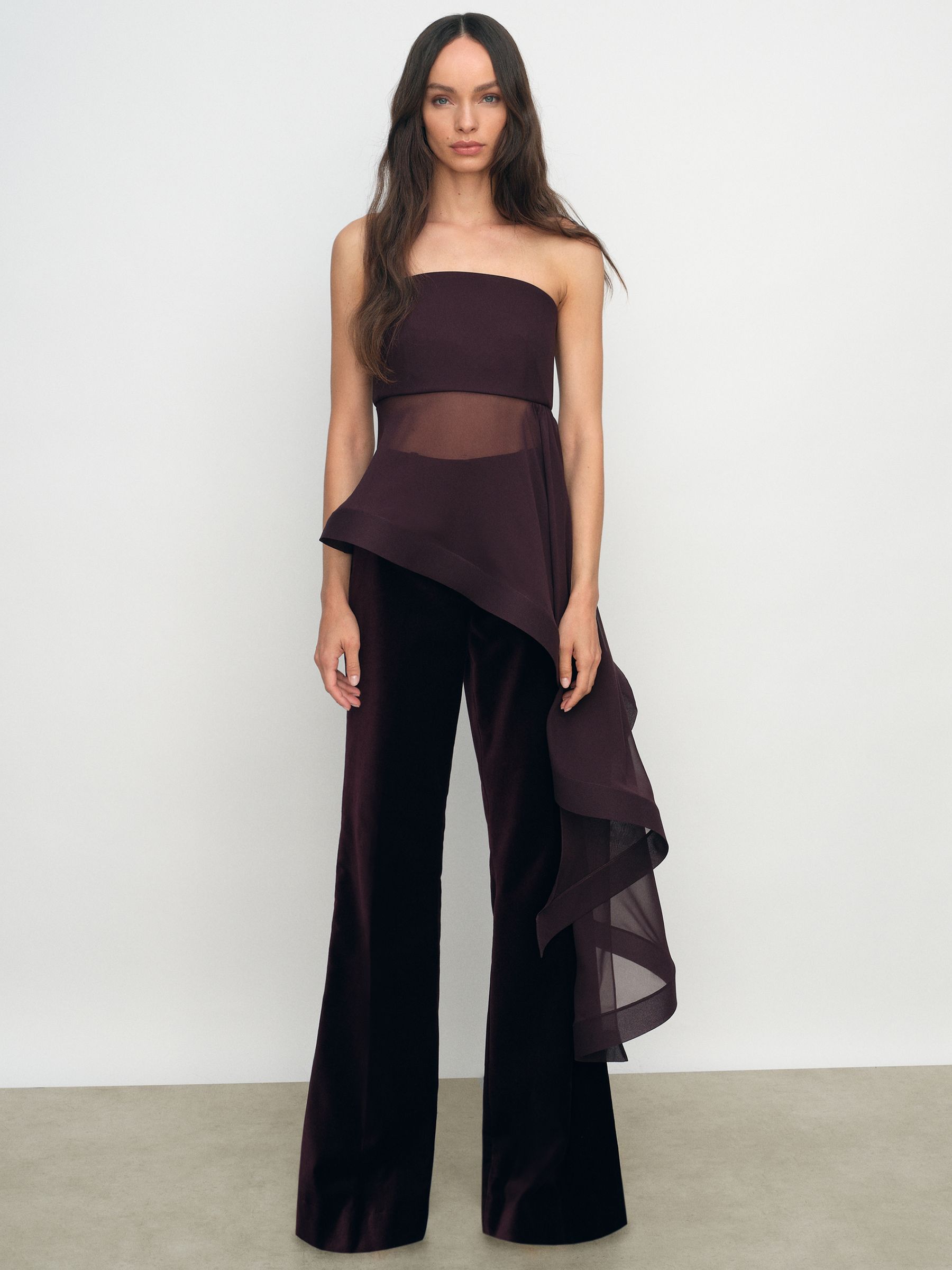 Silk Asymmetric-Ruffle Bandeau Top in Burgundy
