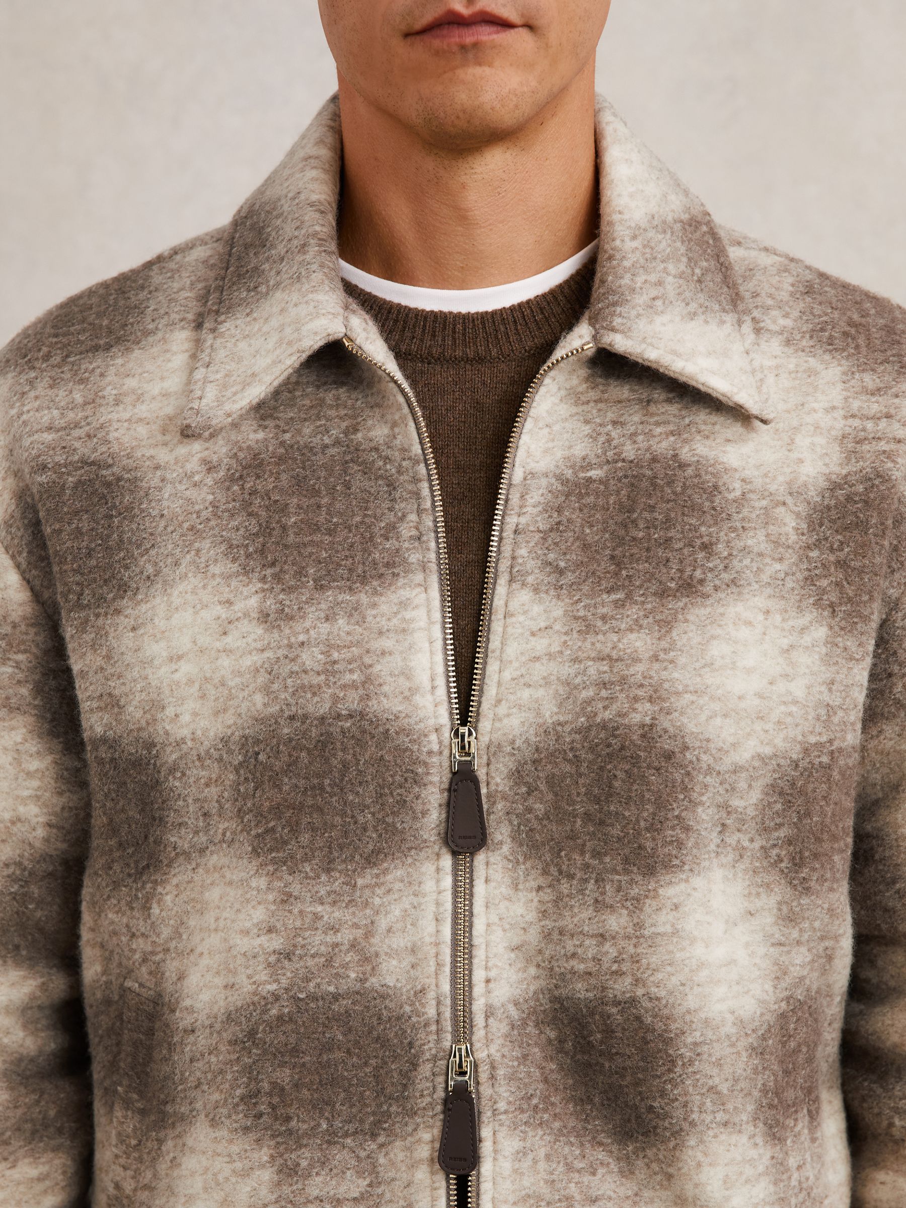 Brushed Check Zip-Through Overshirt with Wool in Ecru/Brown