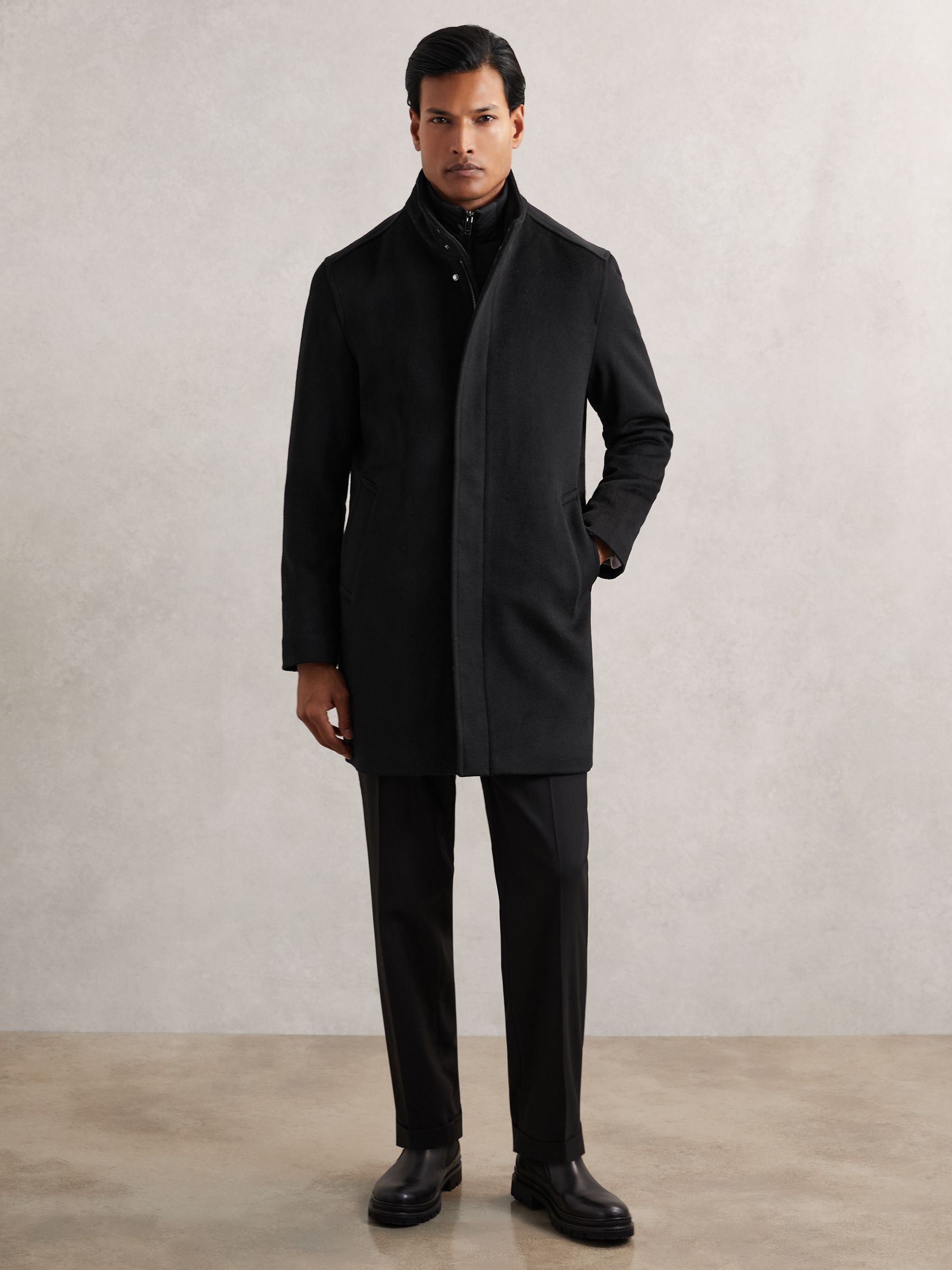 Wool-Blend Gilet-Insert Coat in Black