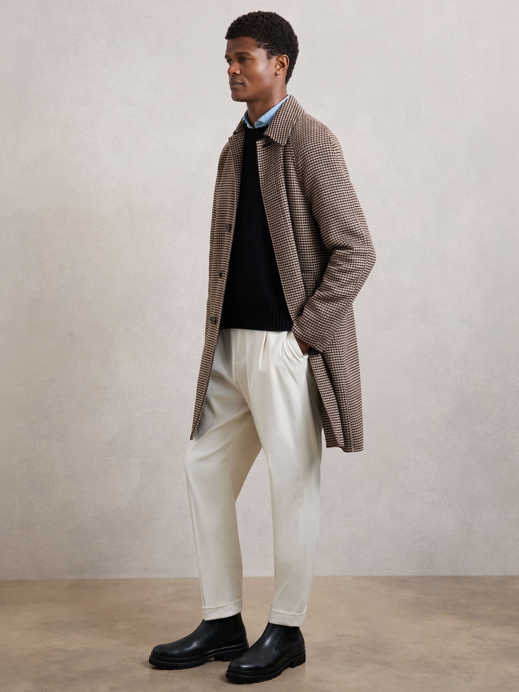 Wool-Blend Dogtooth-Check Overcoat in Brown