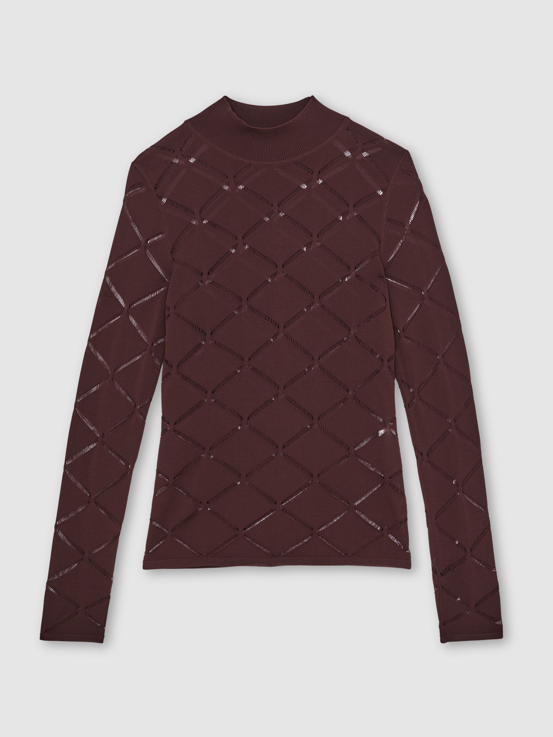 Laser-Cut Funnel-Neck Knit Top in Burgundy