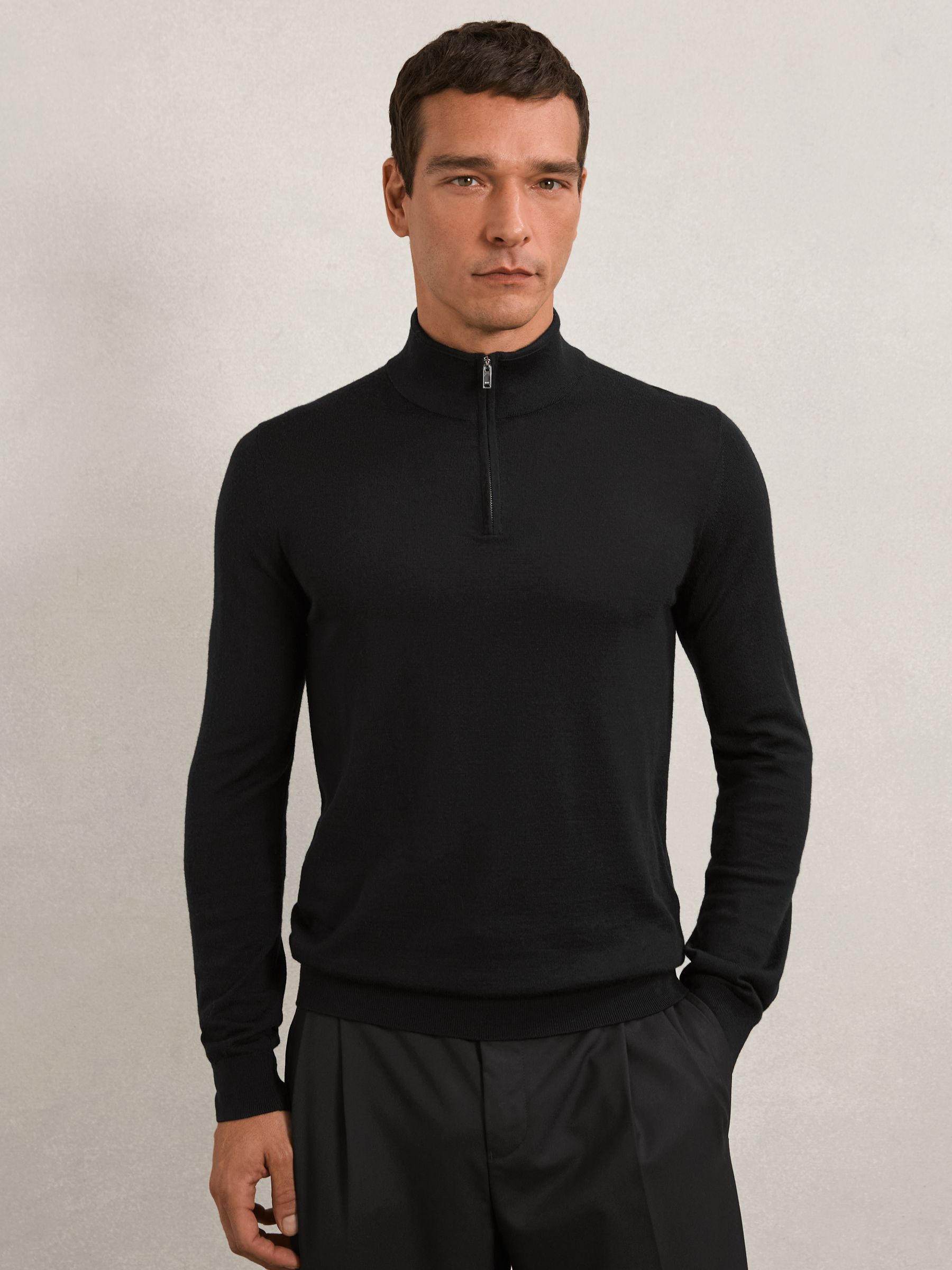 Merino Wool Half-Zip Funnel Neck Jumper in Black