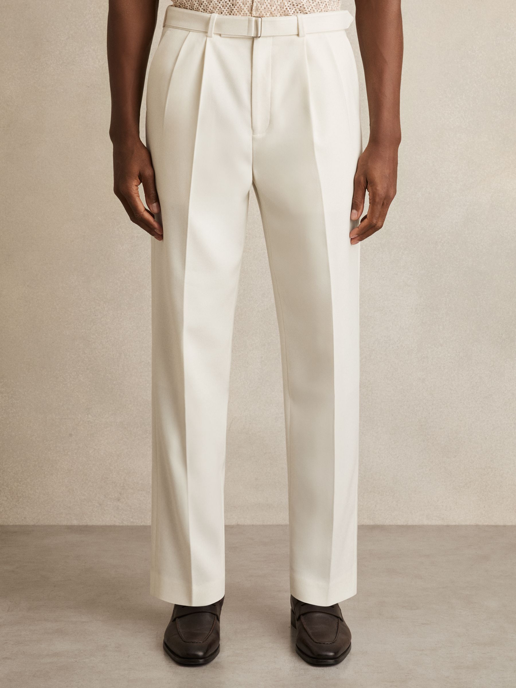 Wool-Blend Tailored-Fit Belted Trousers in White