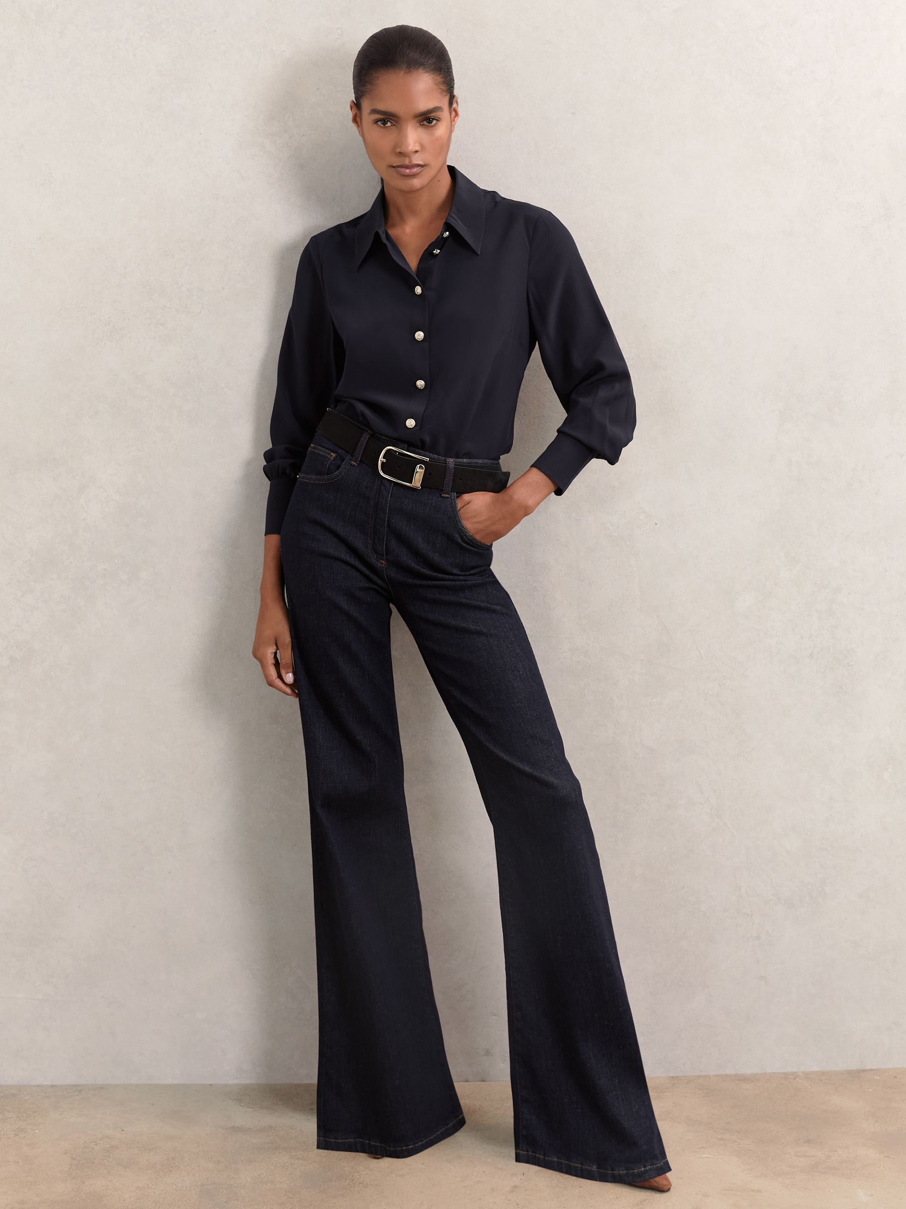 Silk Embossed-Button Shirt in Navy