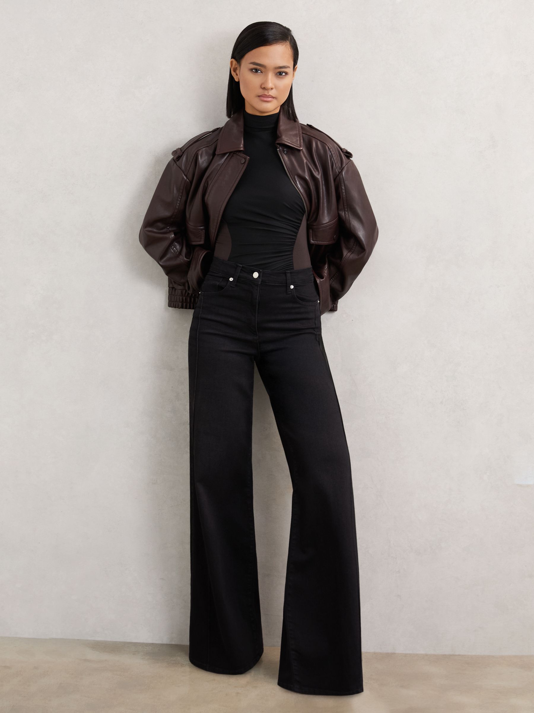 Stretch-Lyocell Panel Ruched Bodysuit in Black/Chocolate Brown