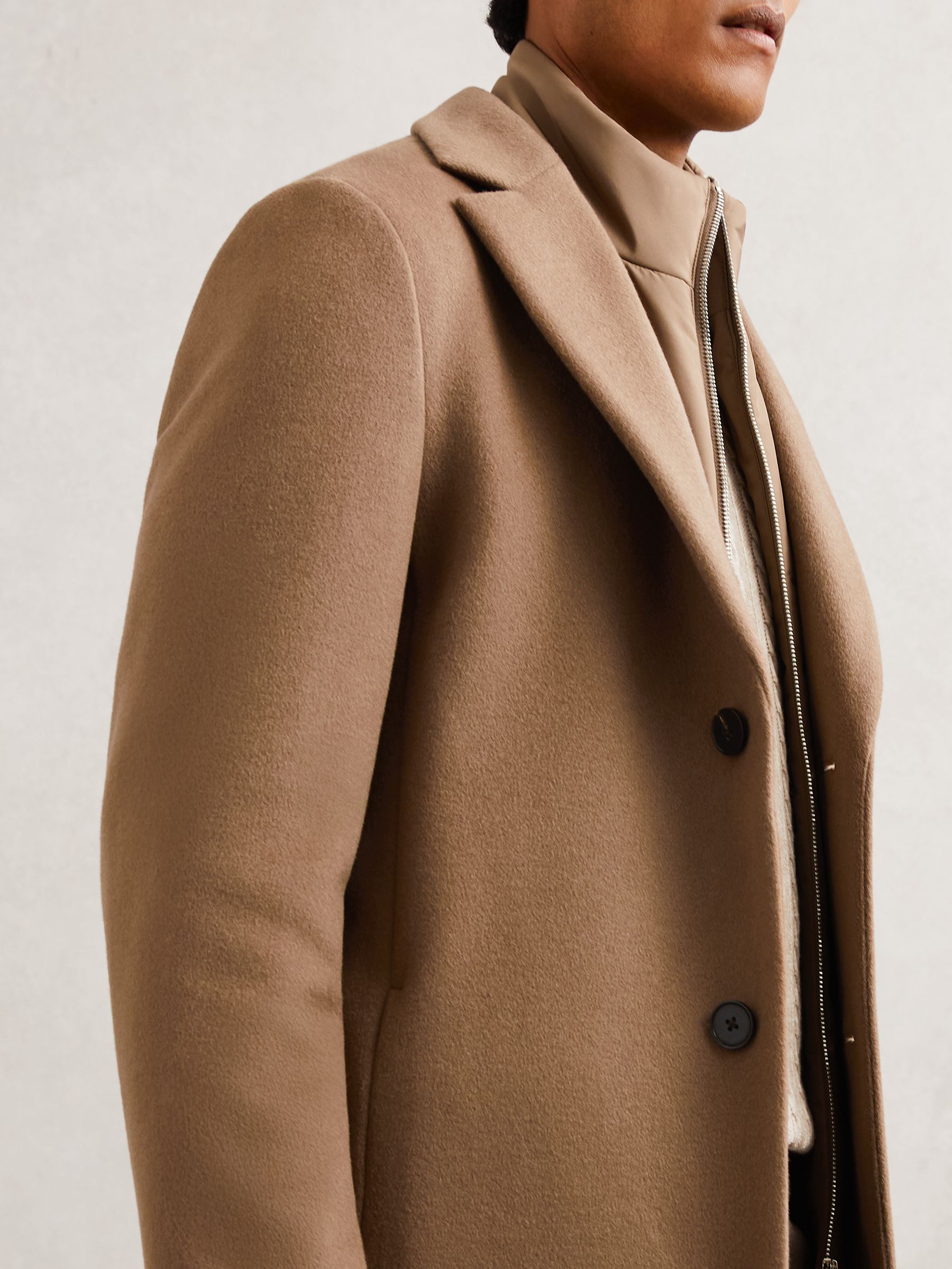 Wool-Blend Internal-Gilet Overcoat in Light Brown