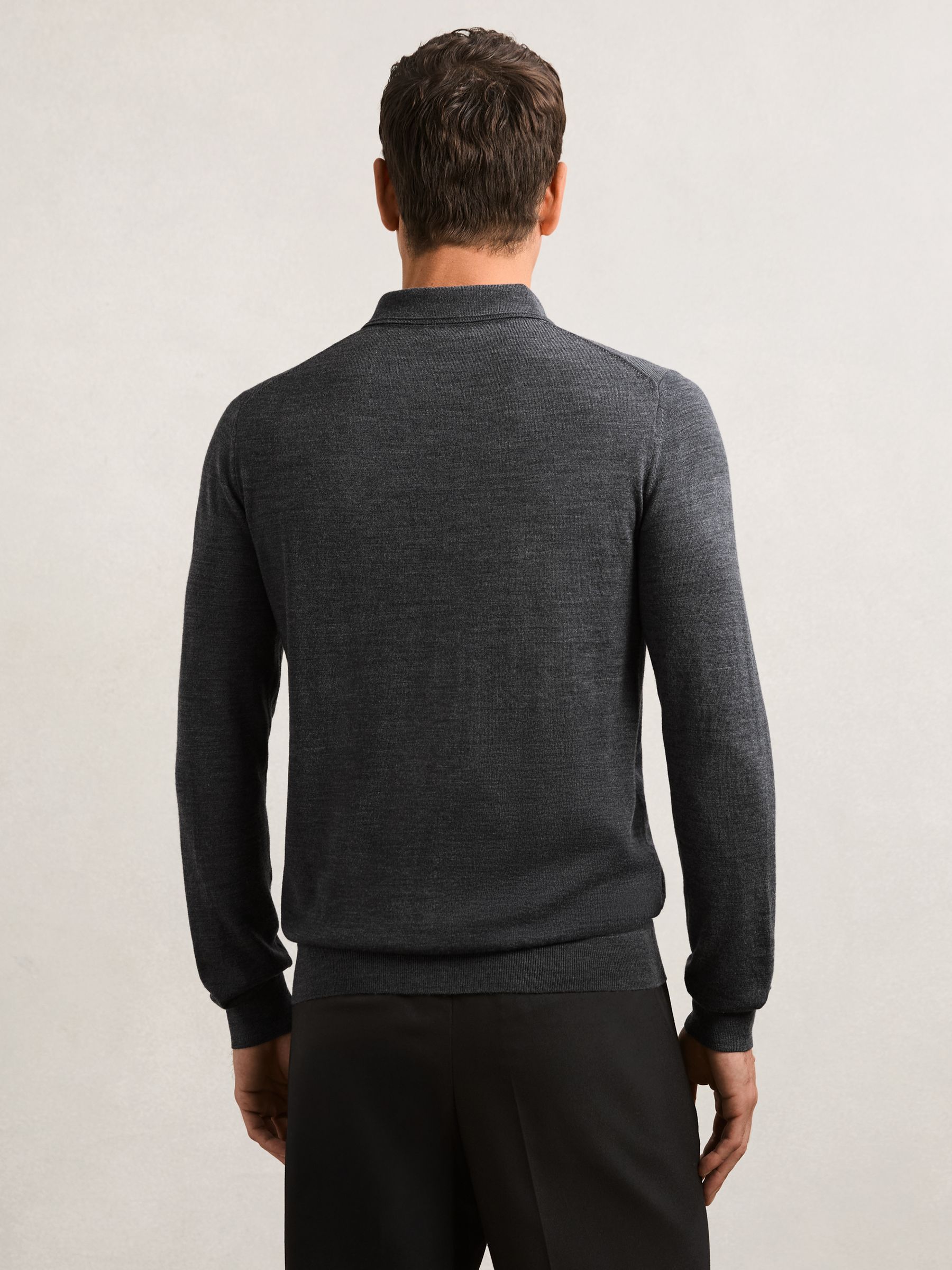 Merino Wool Long-Sleeve Polo Shirt in Derby Grey Marl