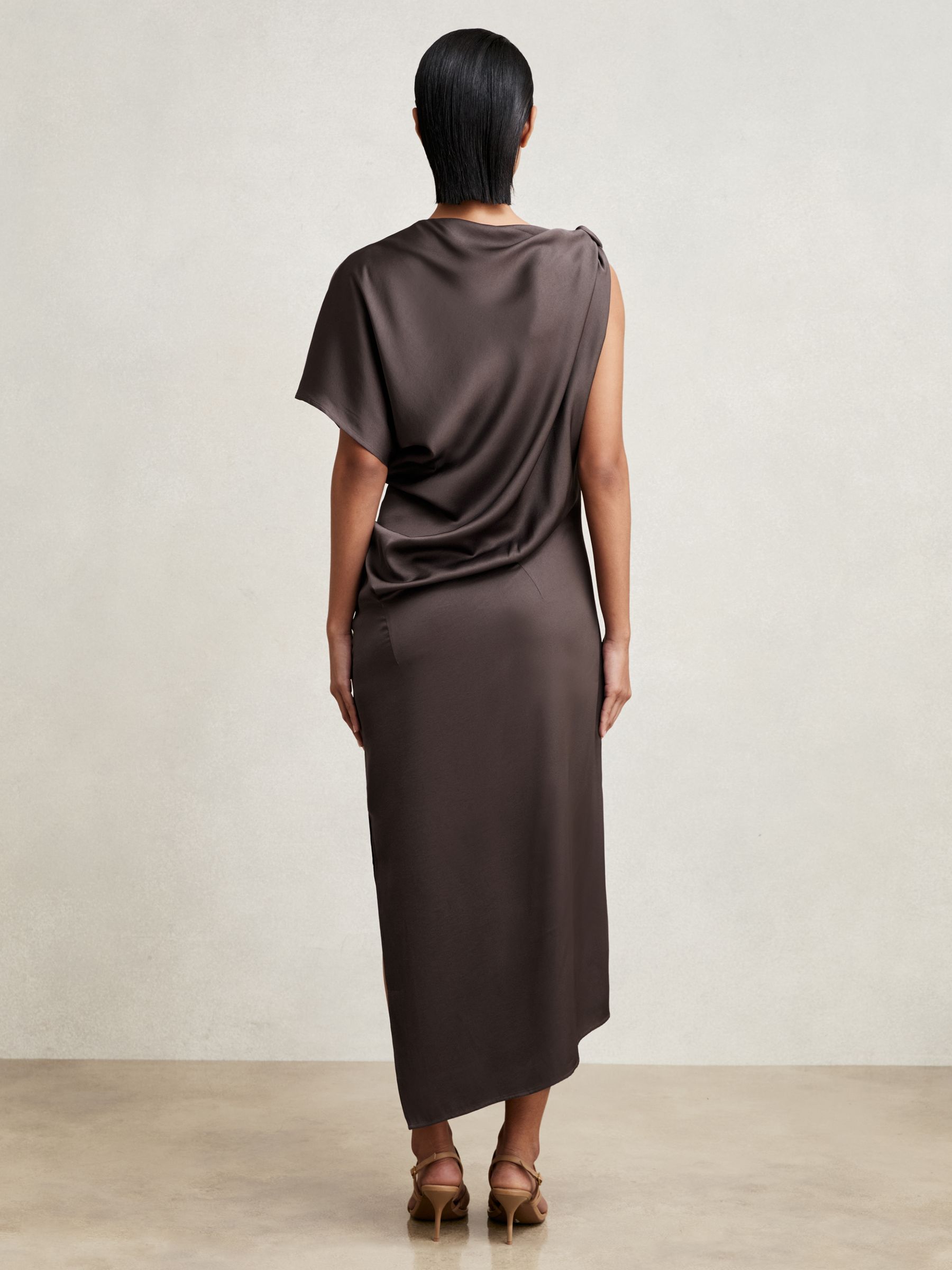 Satin Asymmetric Draped Midi Dress in Mauve