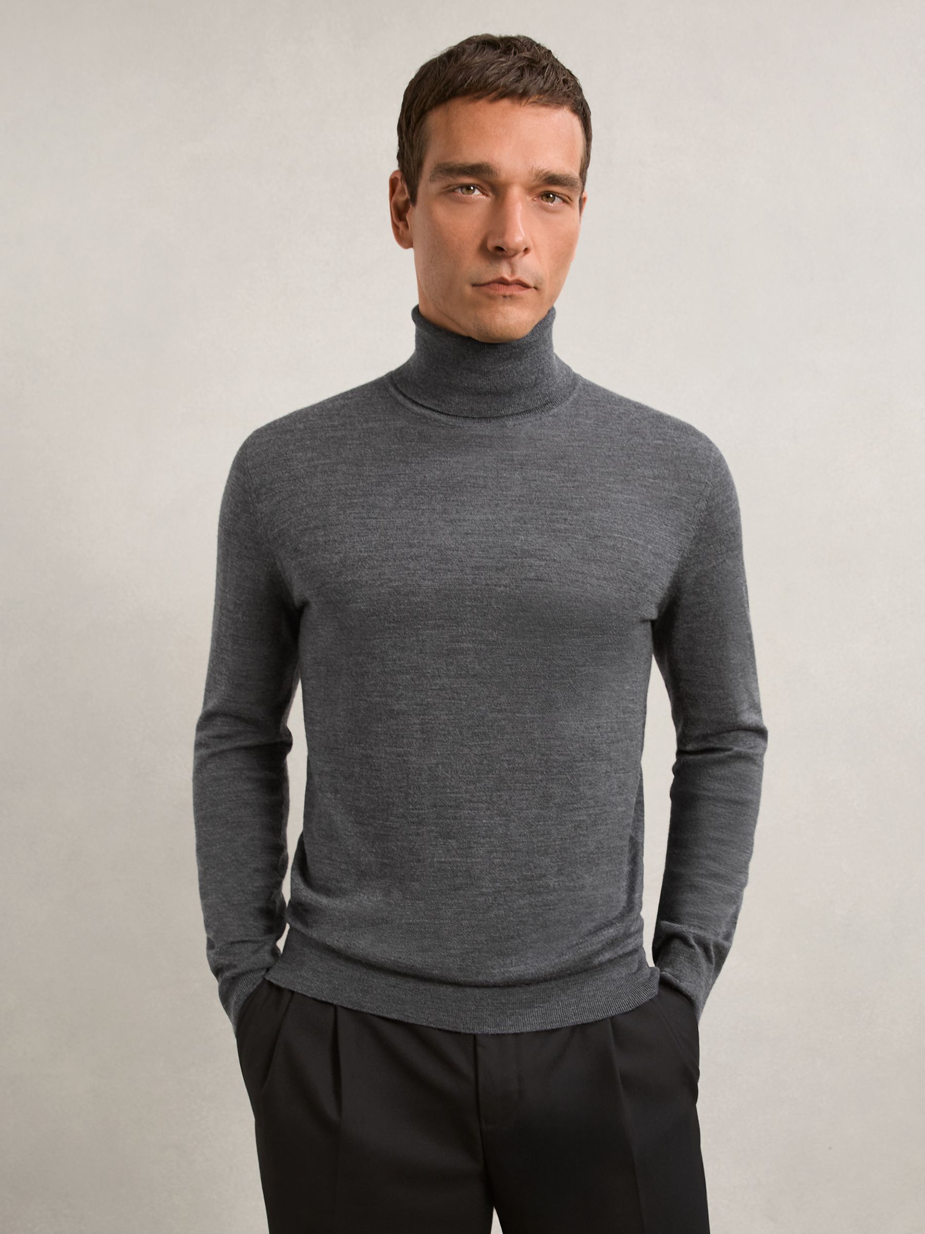 Merino Wool Roll-Neck Jumper in Derby Grey Marl