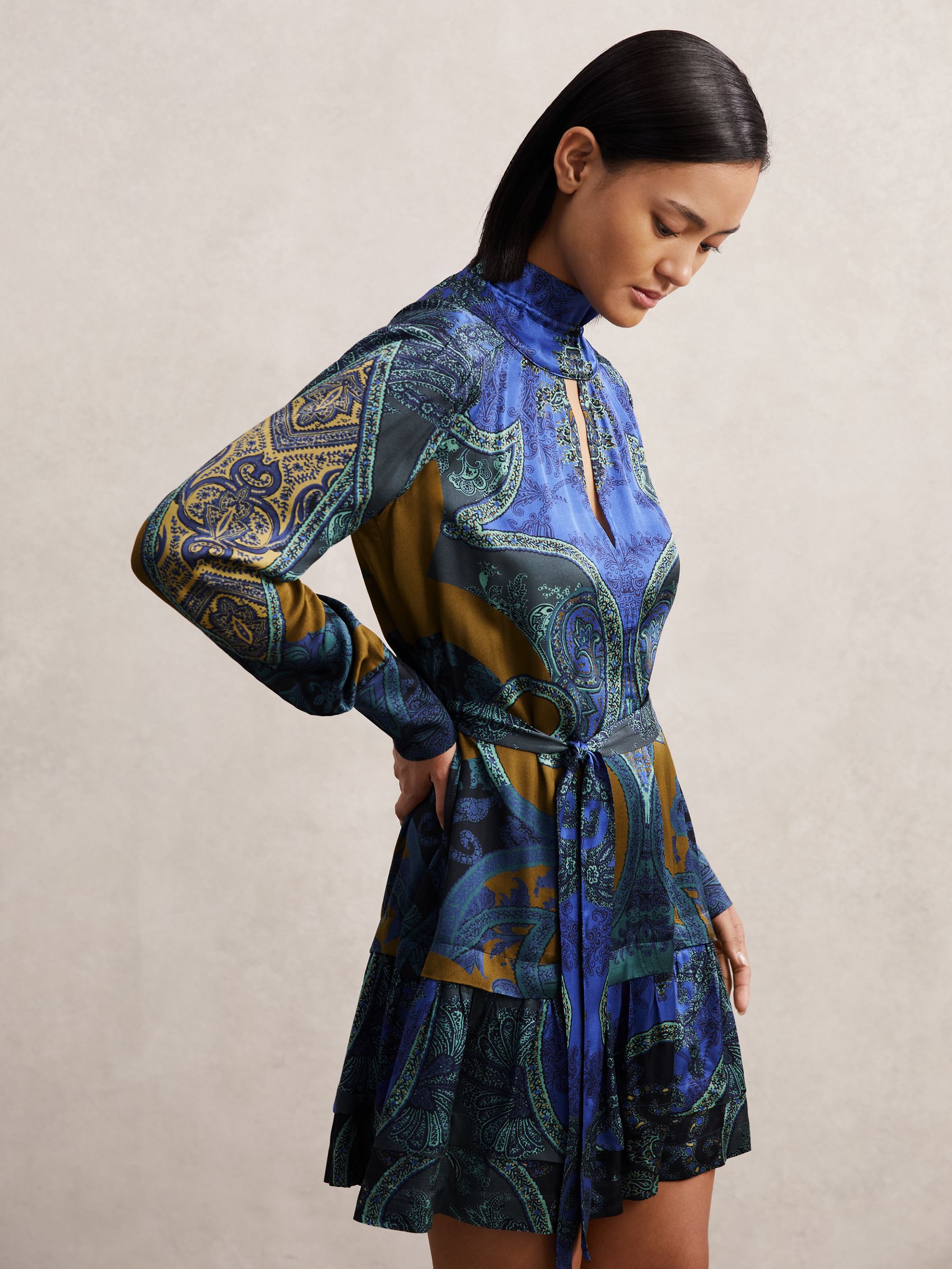 Paisley-Print Belted Mini Dress in Blue