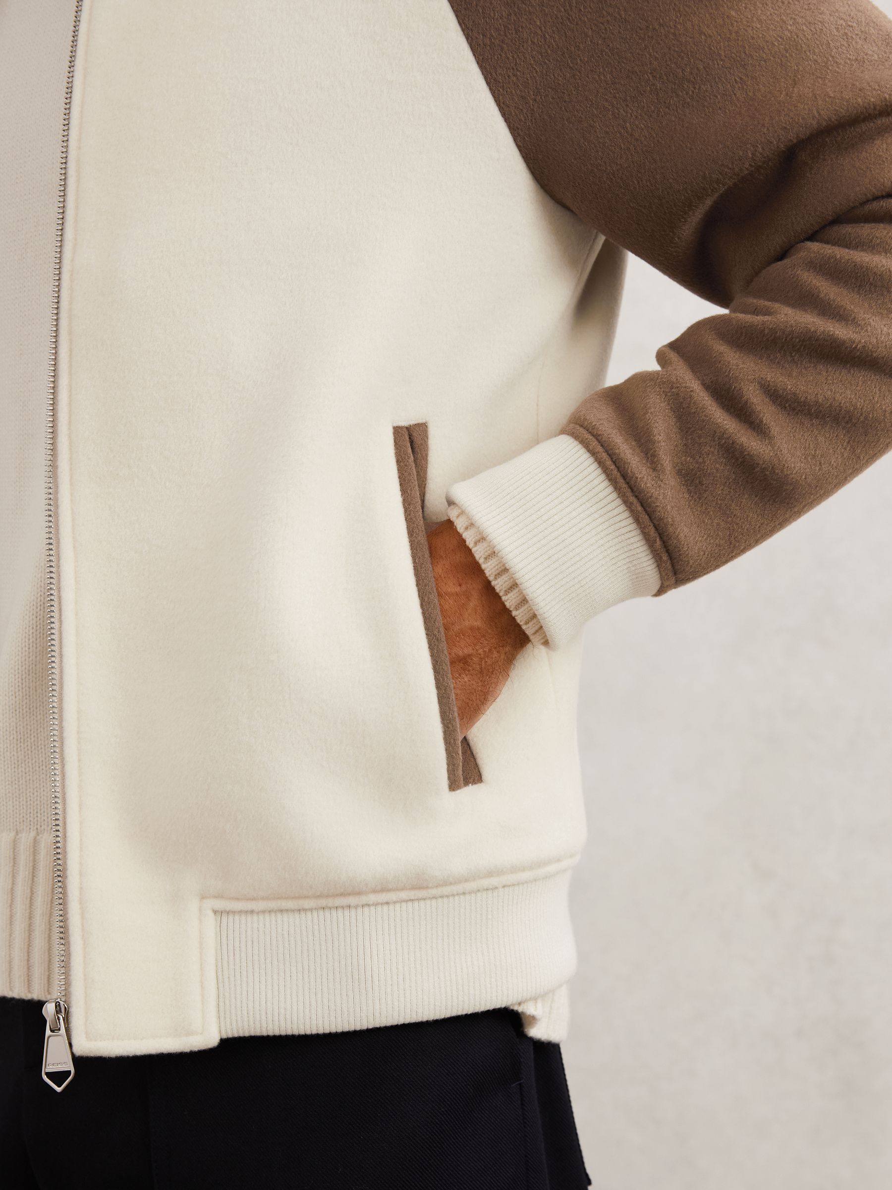 Wool-Blend Colour-Block Bomber Jacket in Off White/Oatmeal
