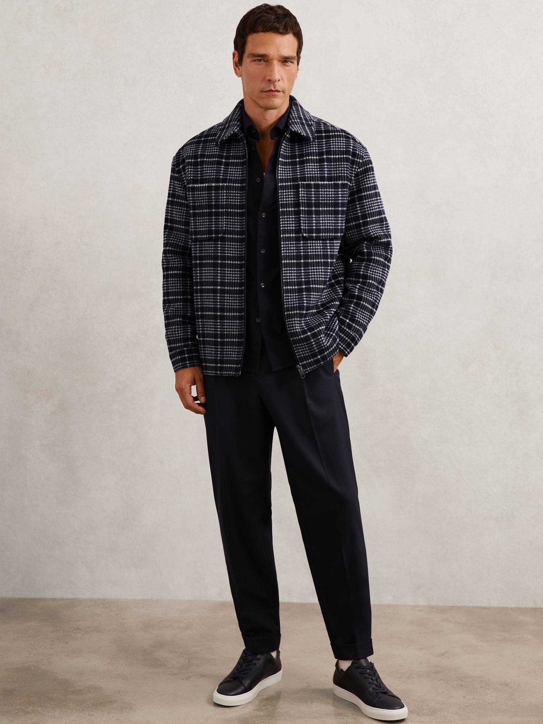 Wool-Blend Check Padded Overshirt in Blue