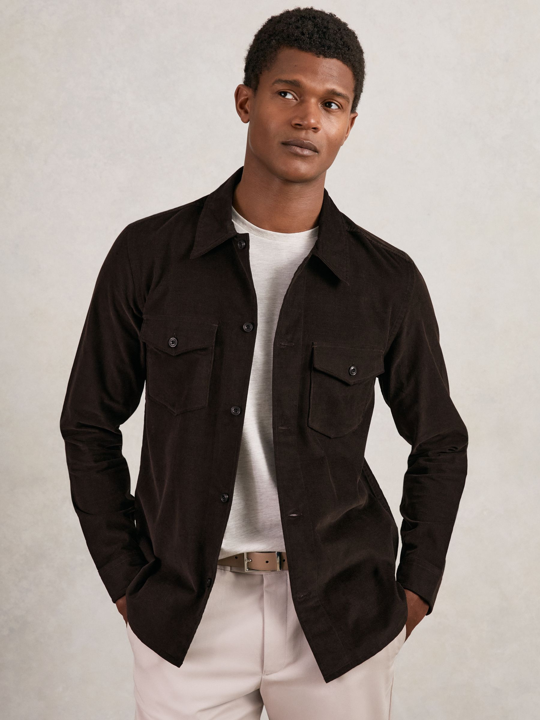 Cotton Corduroy Twin-Pocket Overshirt in Brown
