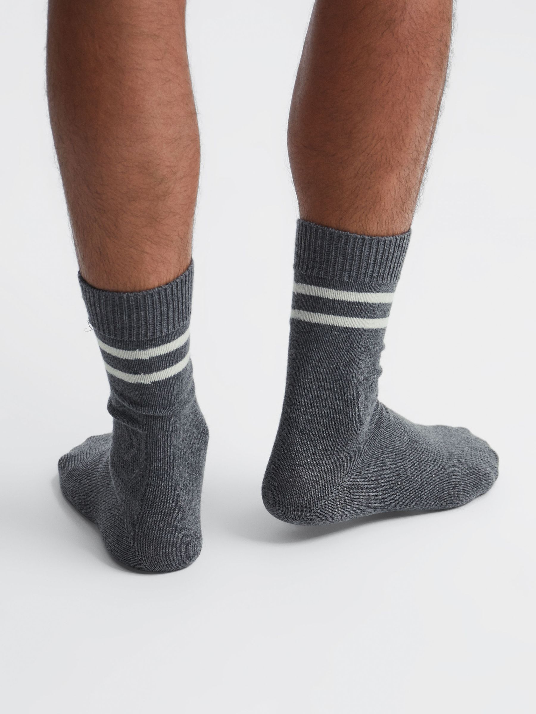 Wool Blend Striped Crew Socks in Grey Melange