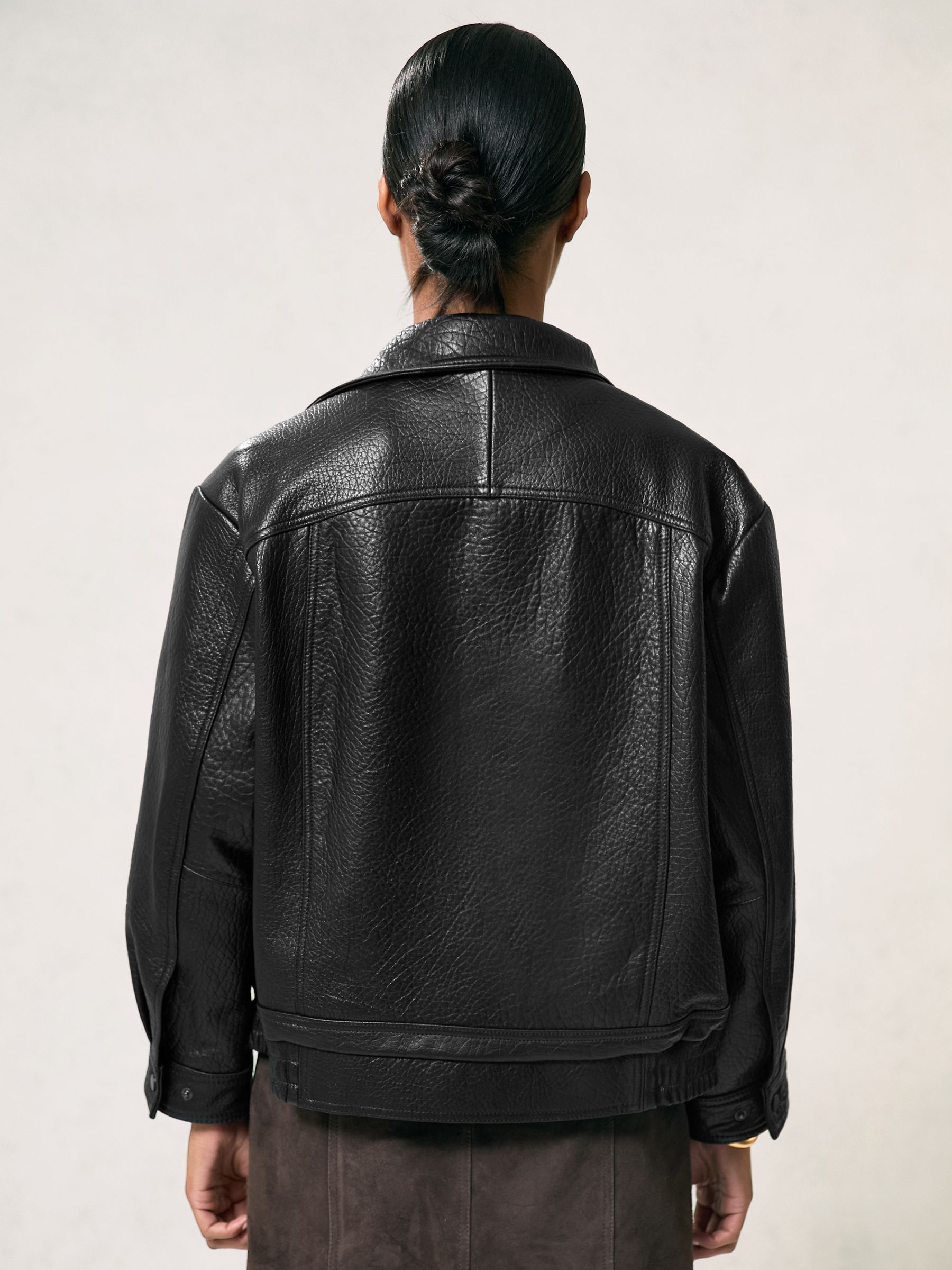Oversize Grained-Leather Bomber Jacket in Black