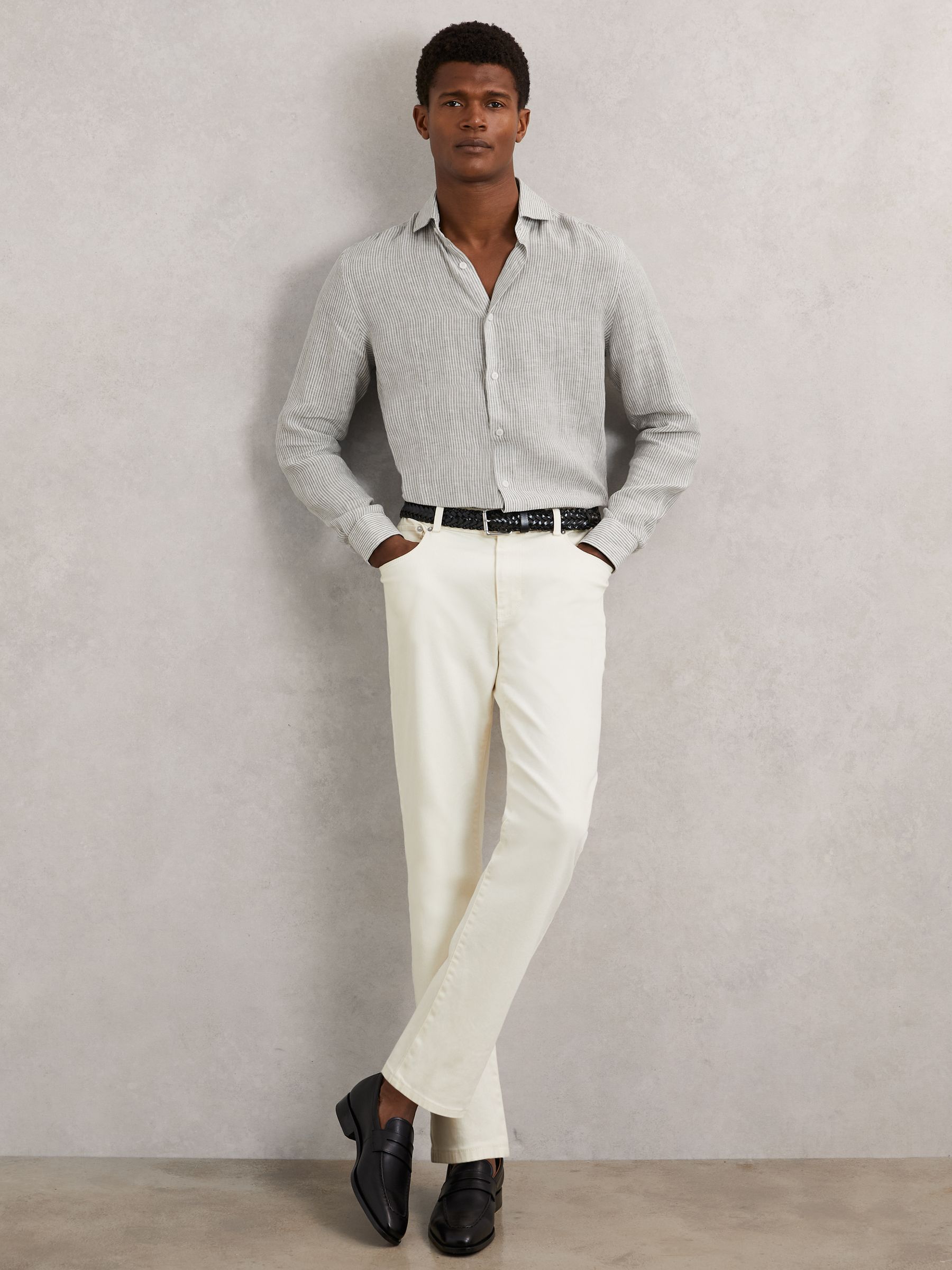 Linen Stripe Long-Sleeve Shirt in White/Thyme Green