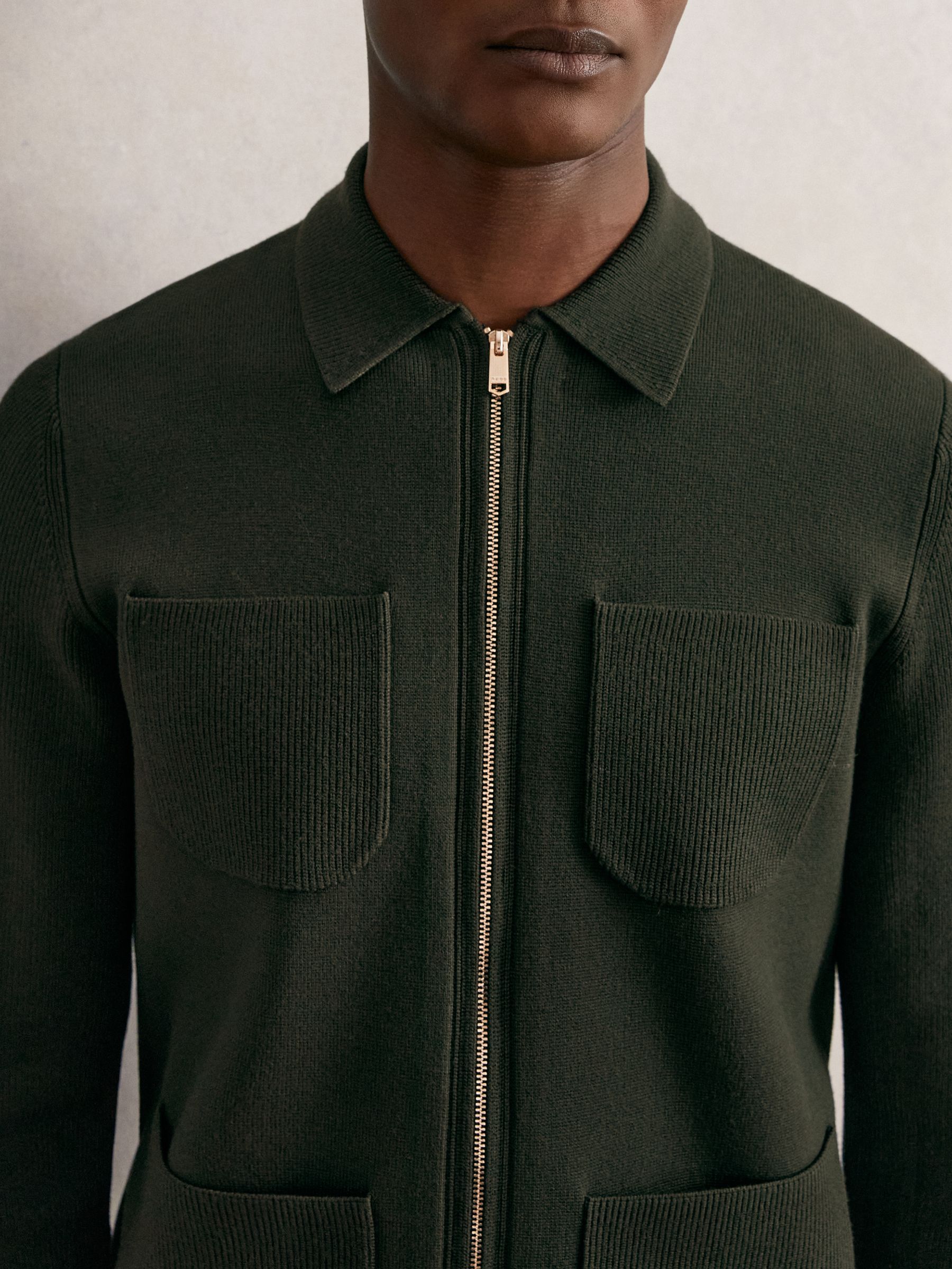 Four-Pocket Zip-Through Cardigan in Forest Green