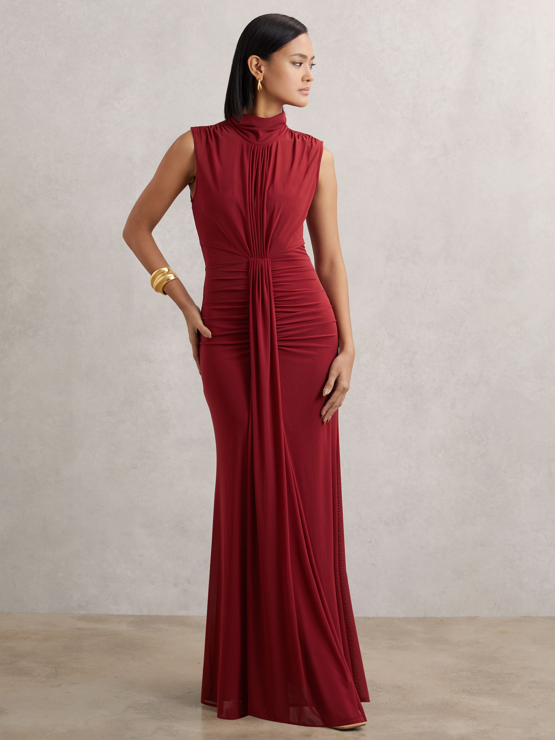 Ruched Sleeveless Maxi Dress in Dark Red