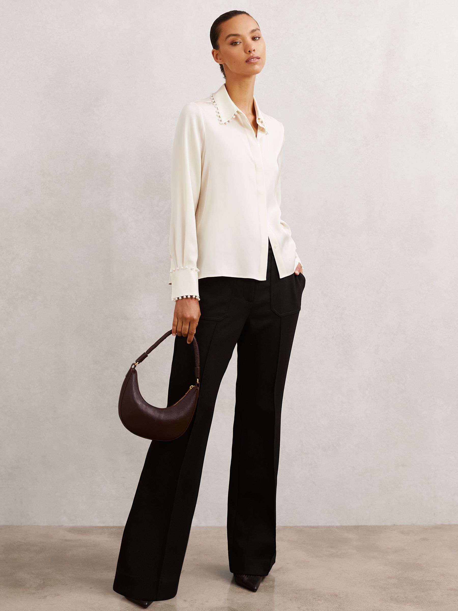 Satin Faux-Pearl Trim Shirt in Ivory