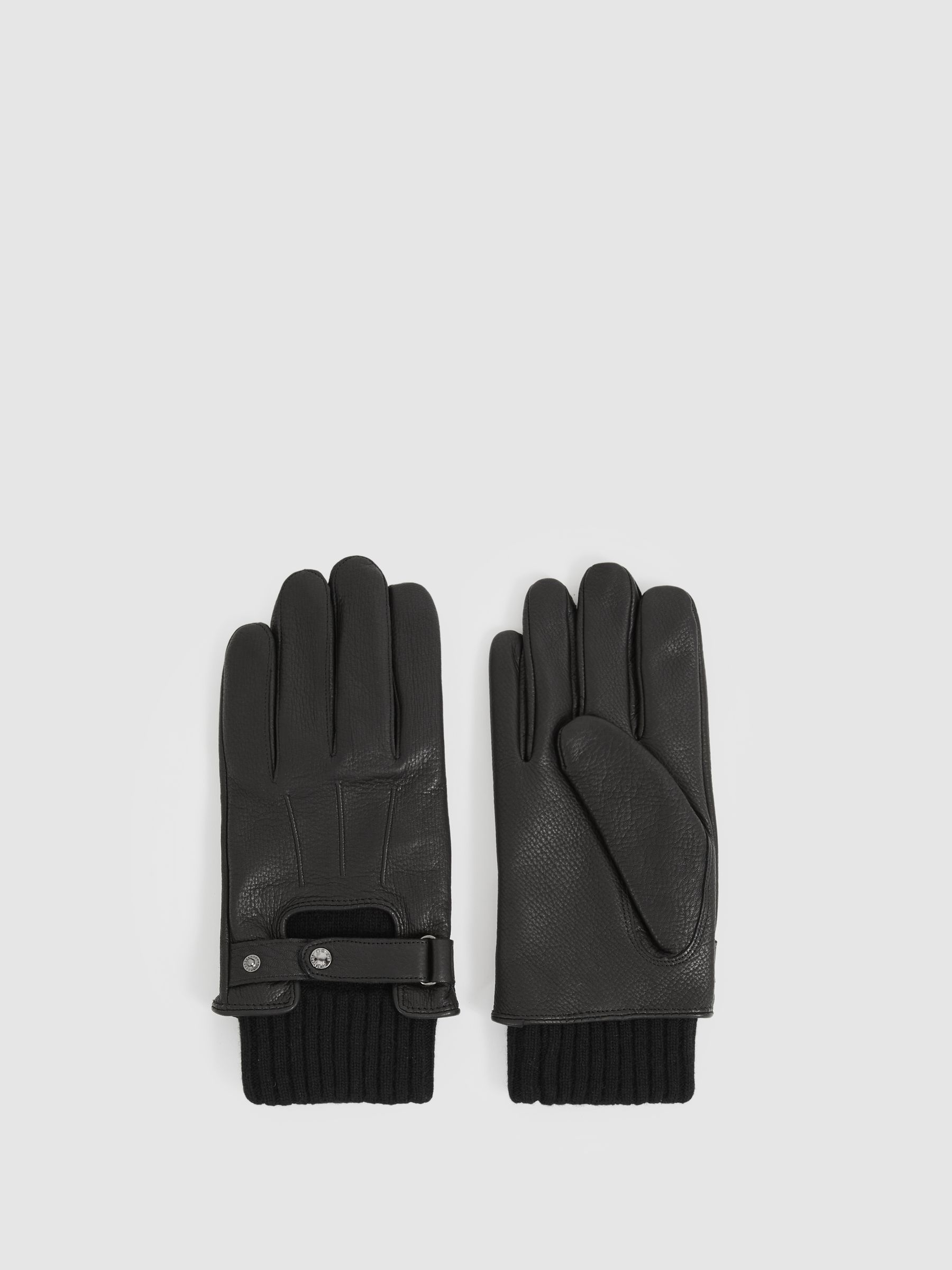 Leather Ribbed-Cuff Gloves in Black