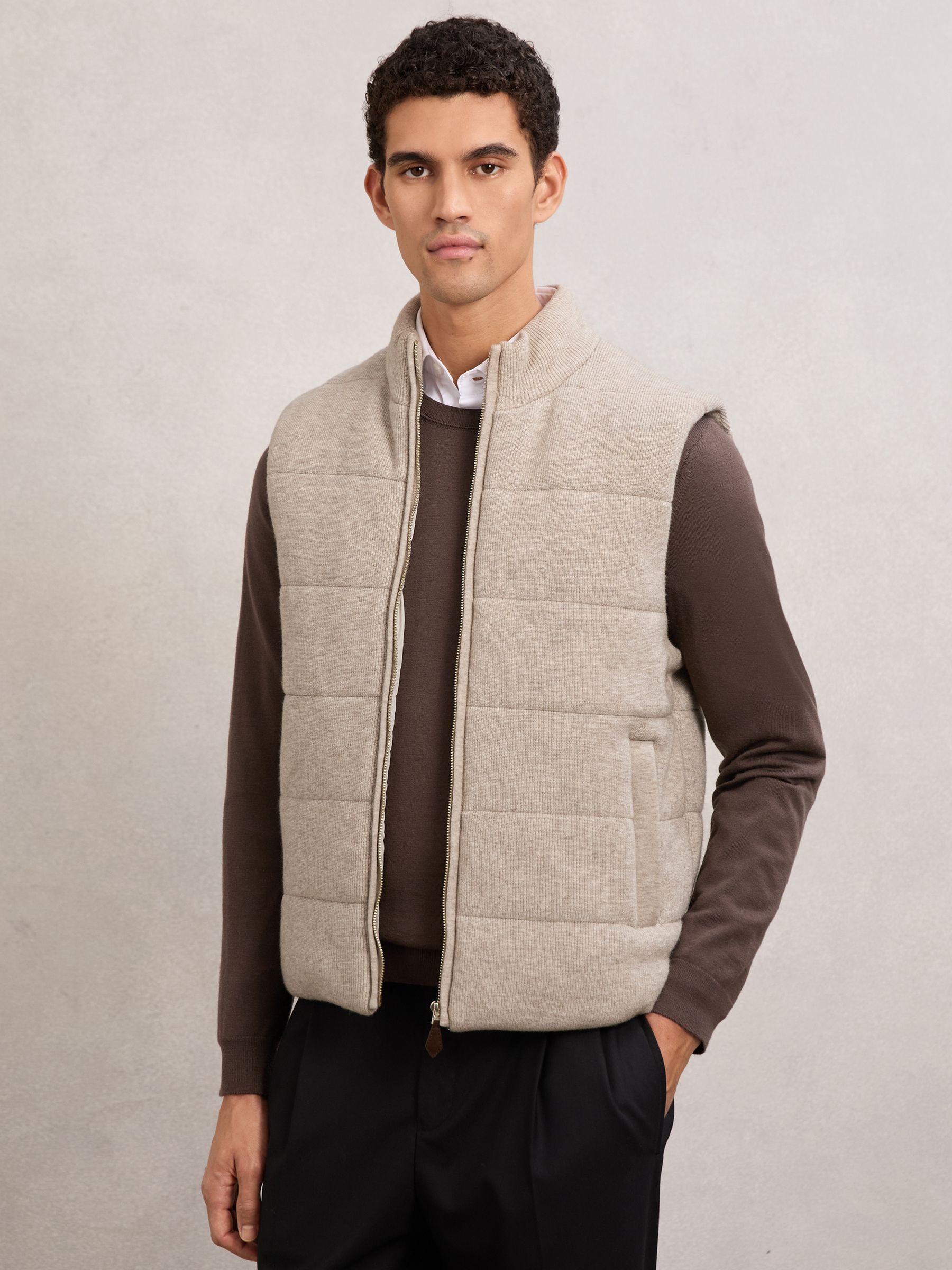 Rib-Knit Zip-Through Gilet in Oatmeal
