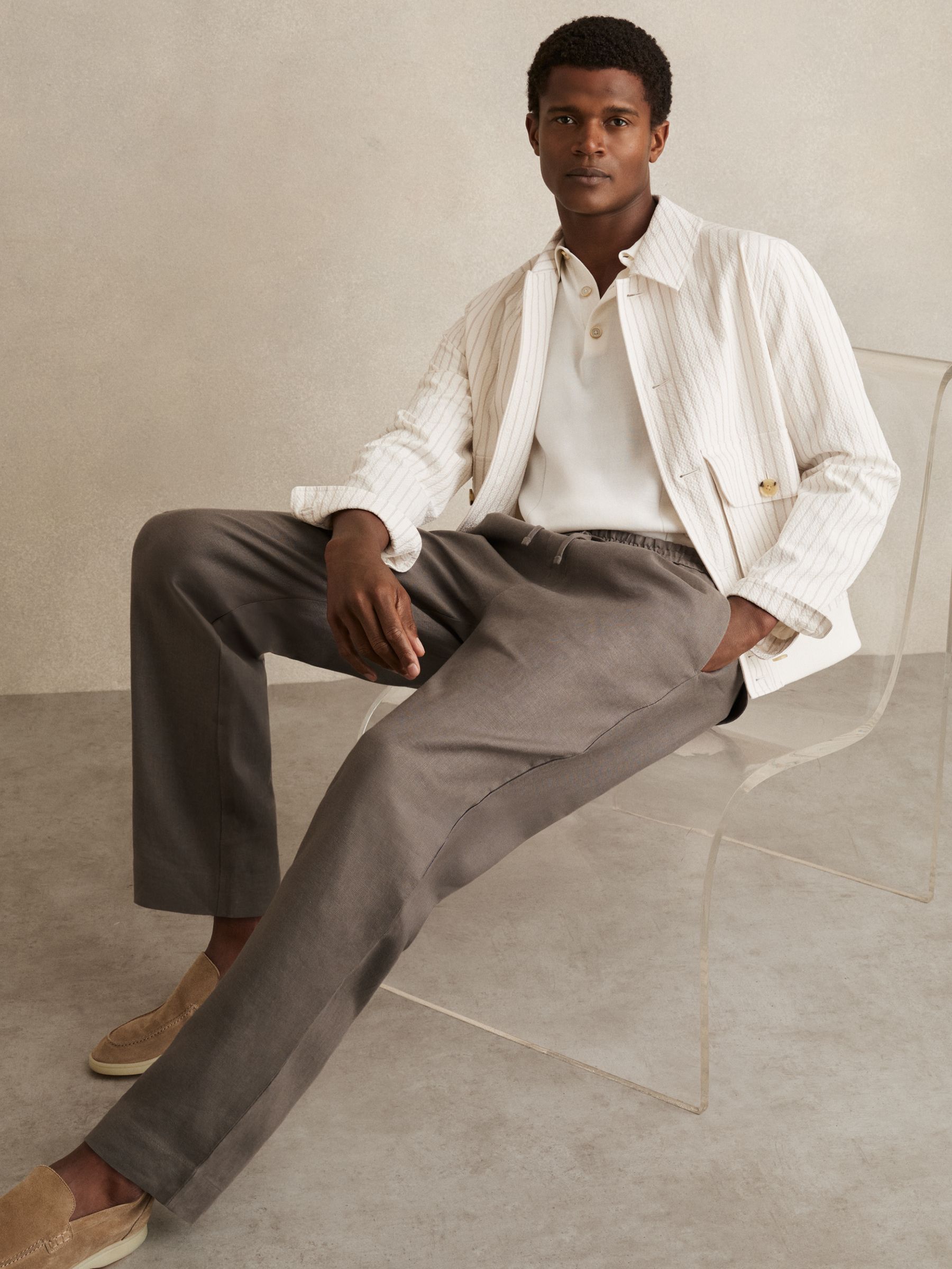 Linen Drawstring Relaxed-Fit Trousers in Navy