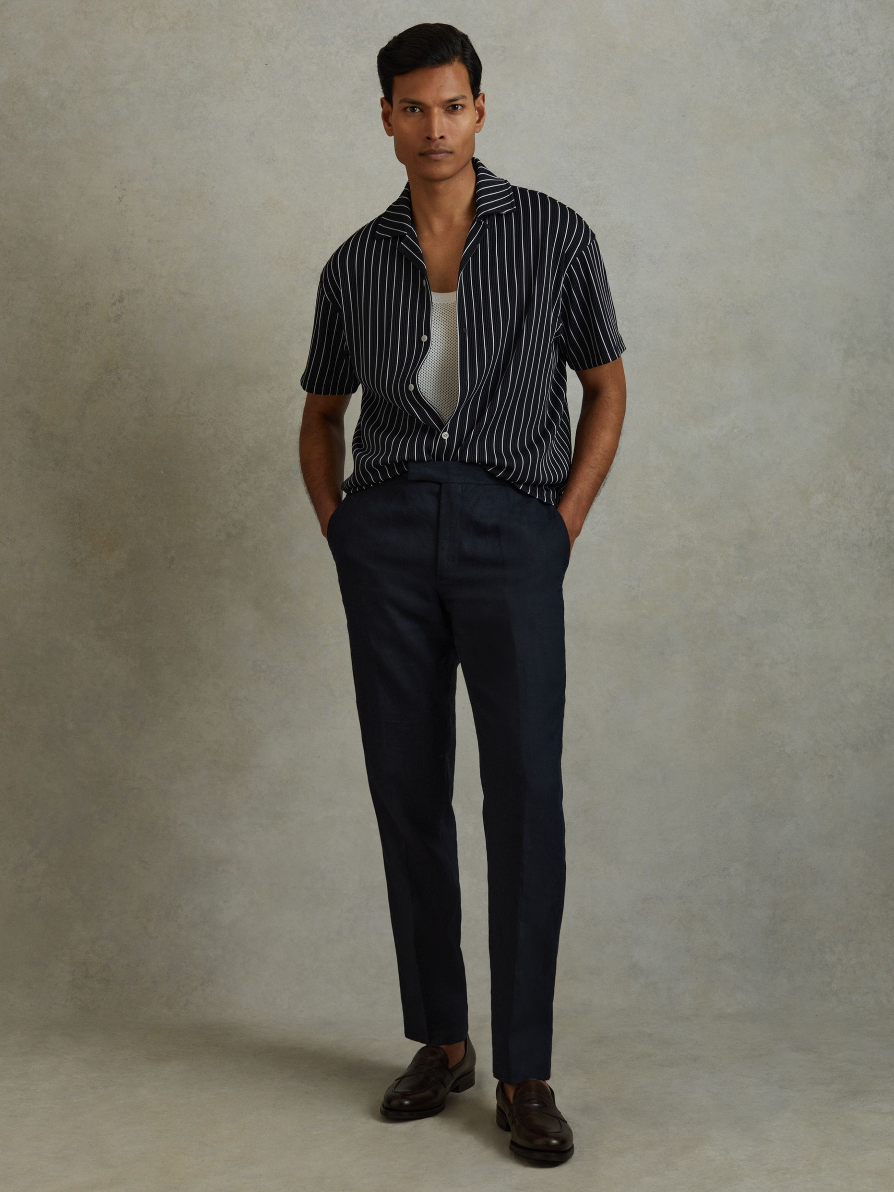 Ribbed Striped Cuban Collar Shirt in Navy/White