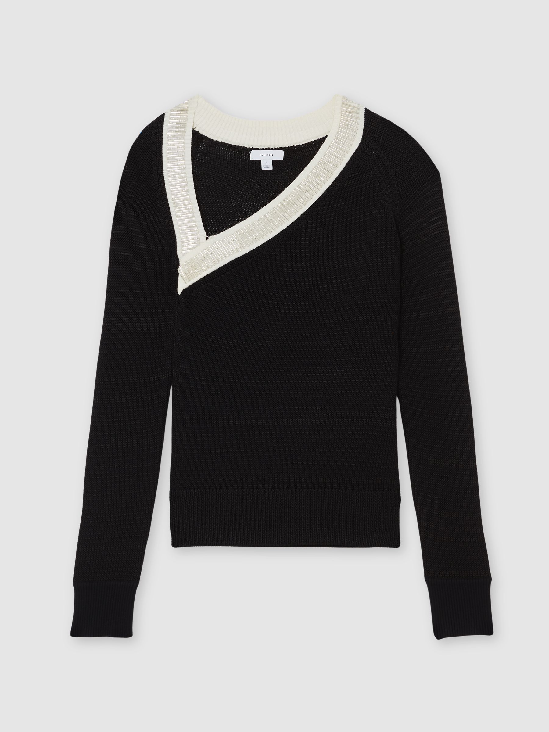 Bead-Detail Asymmetric Knit Jumper in Black/White
