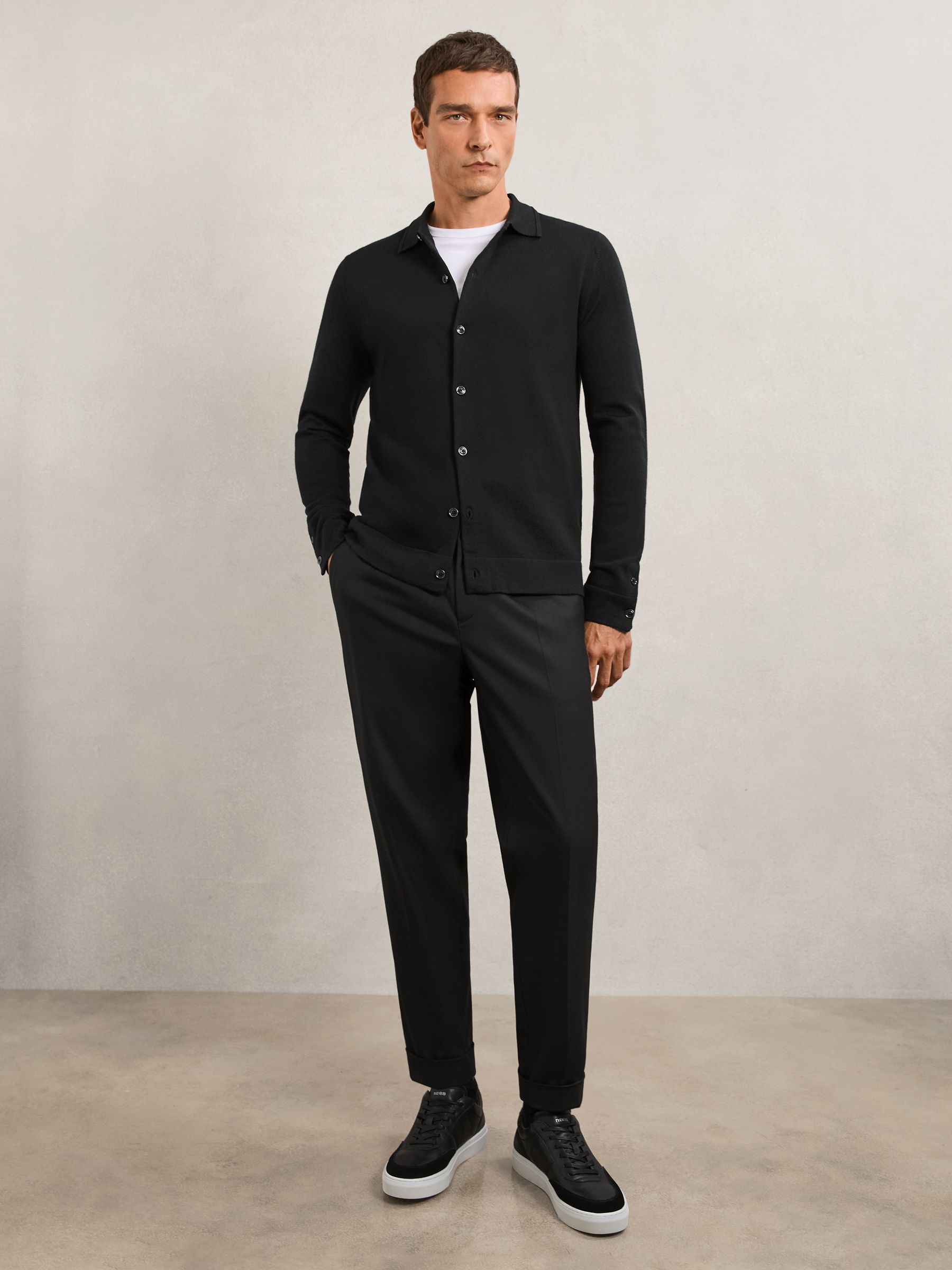 Merino Wool Button-Through Cardigan in Black