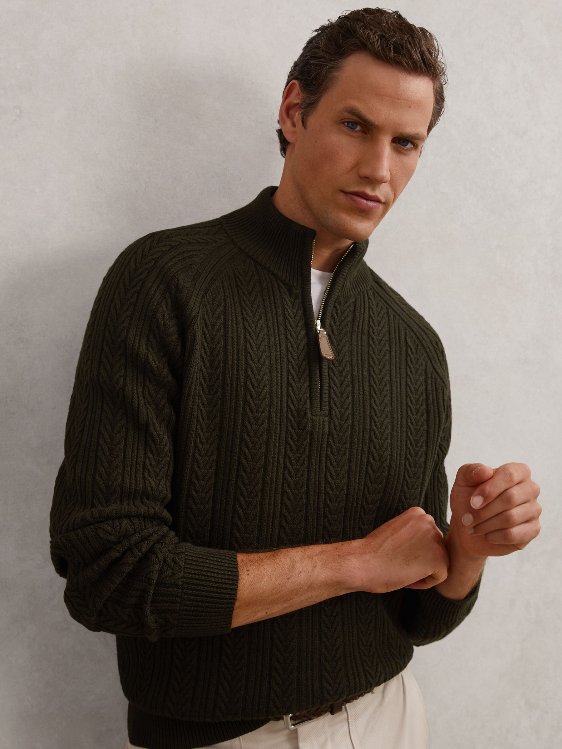Cable-Knit Half-Zip Jumper with Wool in Dark Olive Green