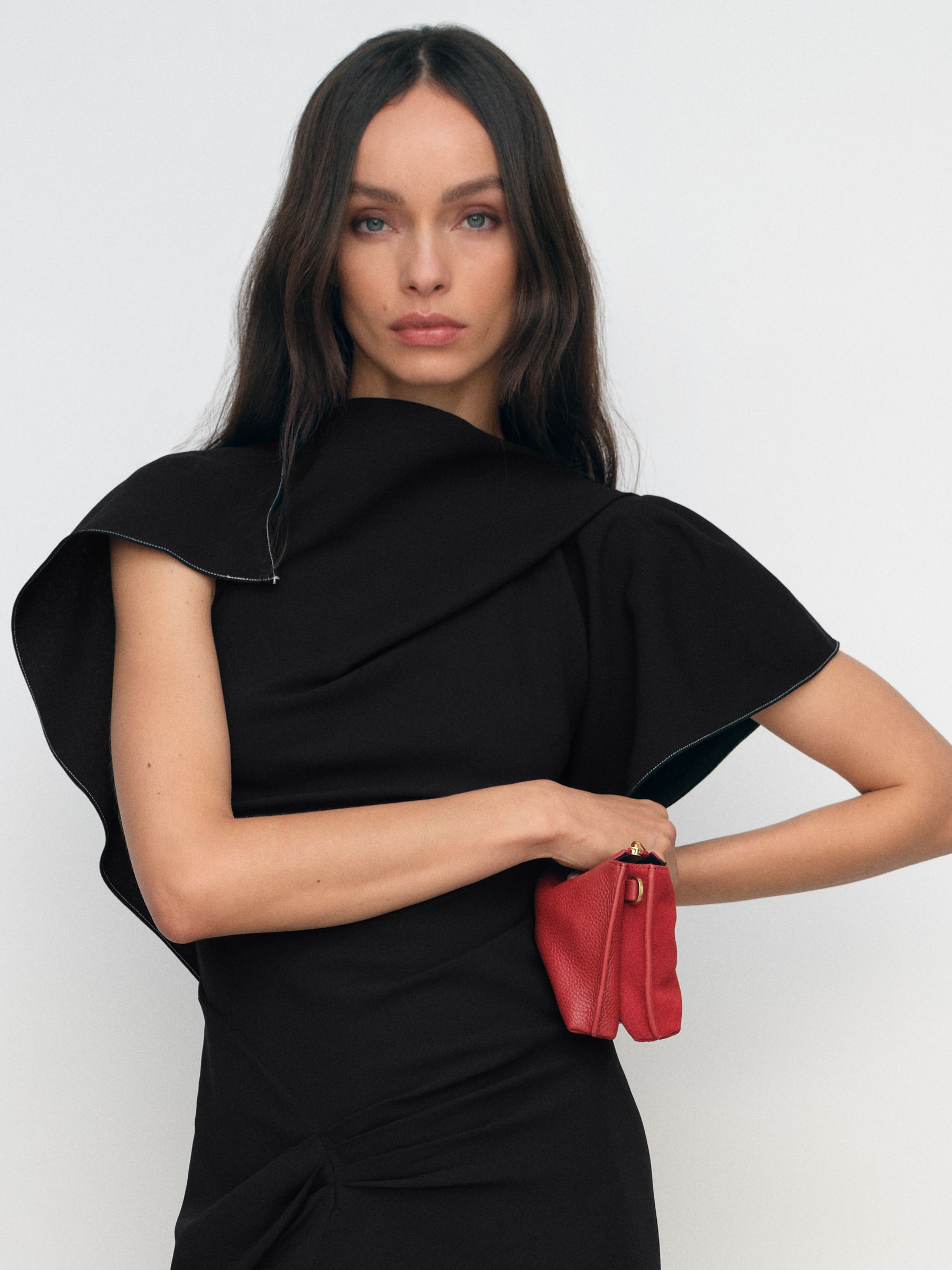 Asymmetric Draped Midi Dress in Black