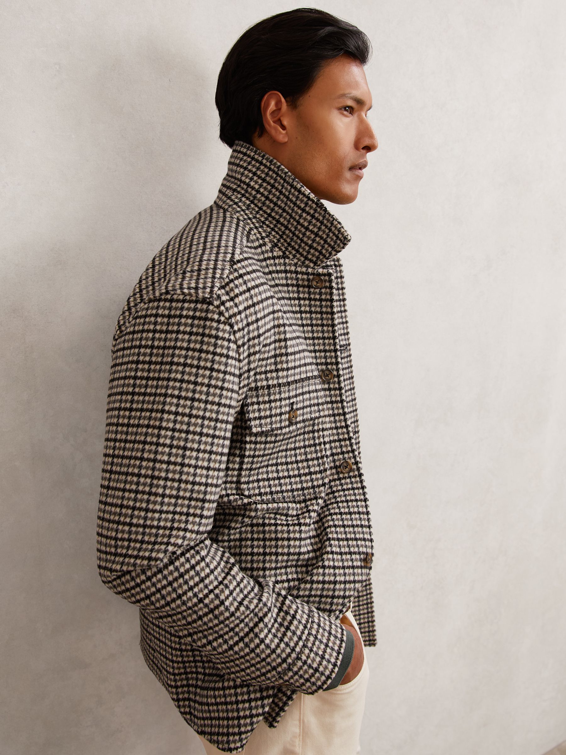 Wool-Blend Houndstooth-Check Overshirt in Grey