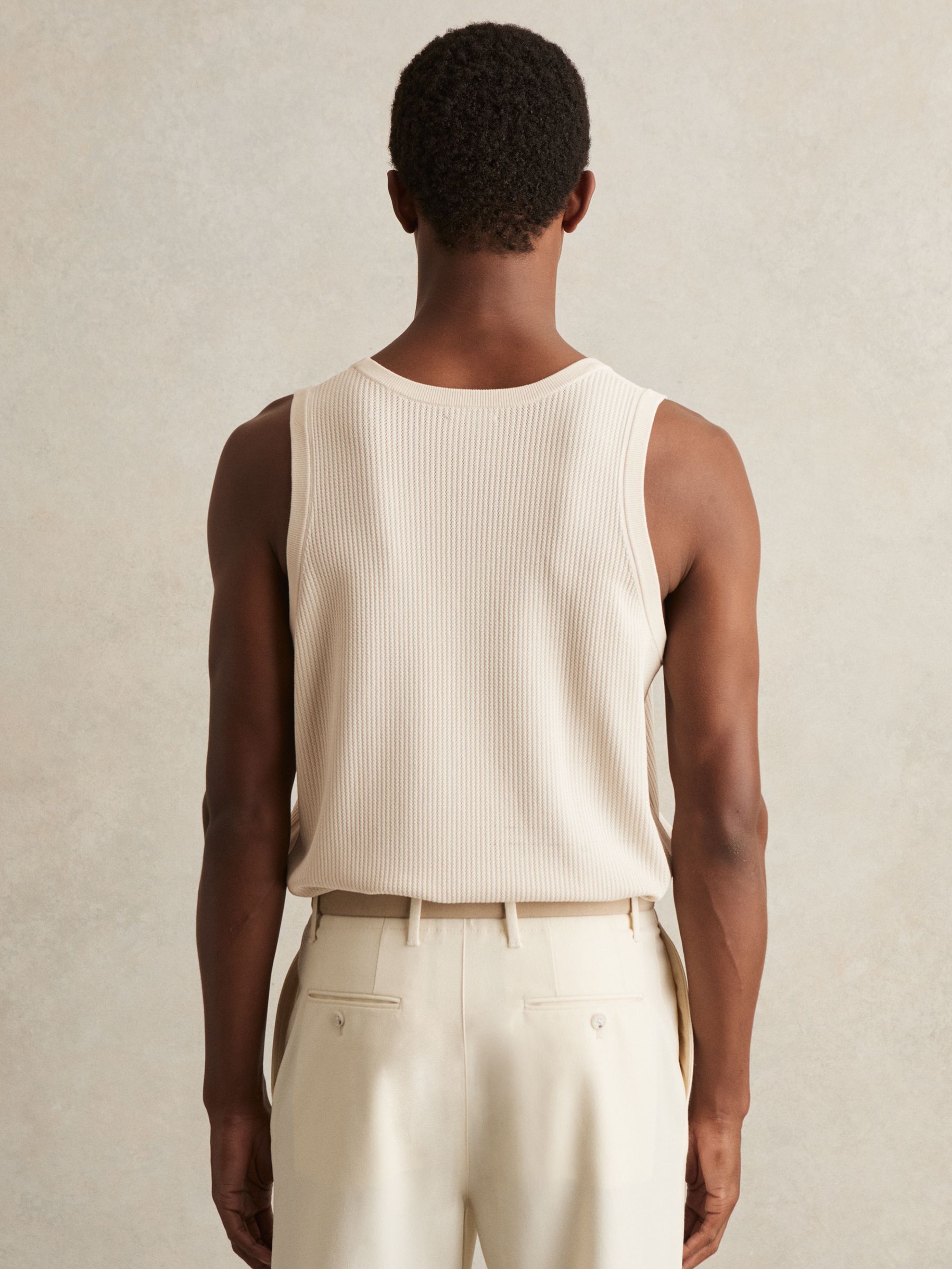 Textured Crew Neck Ribbed Vest in Off White