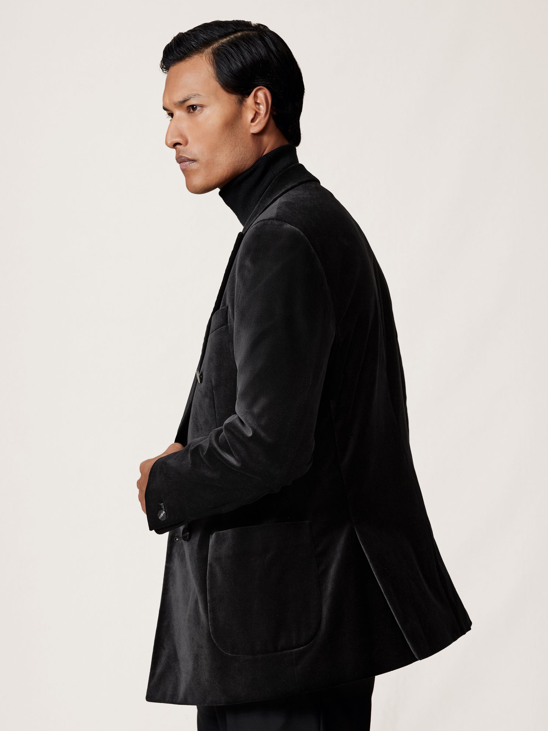 Double-Breasted Velvet Blazer Slim-Fit in Black