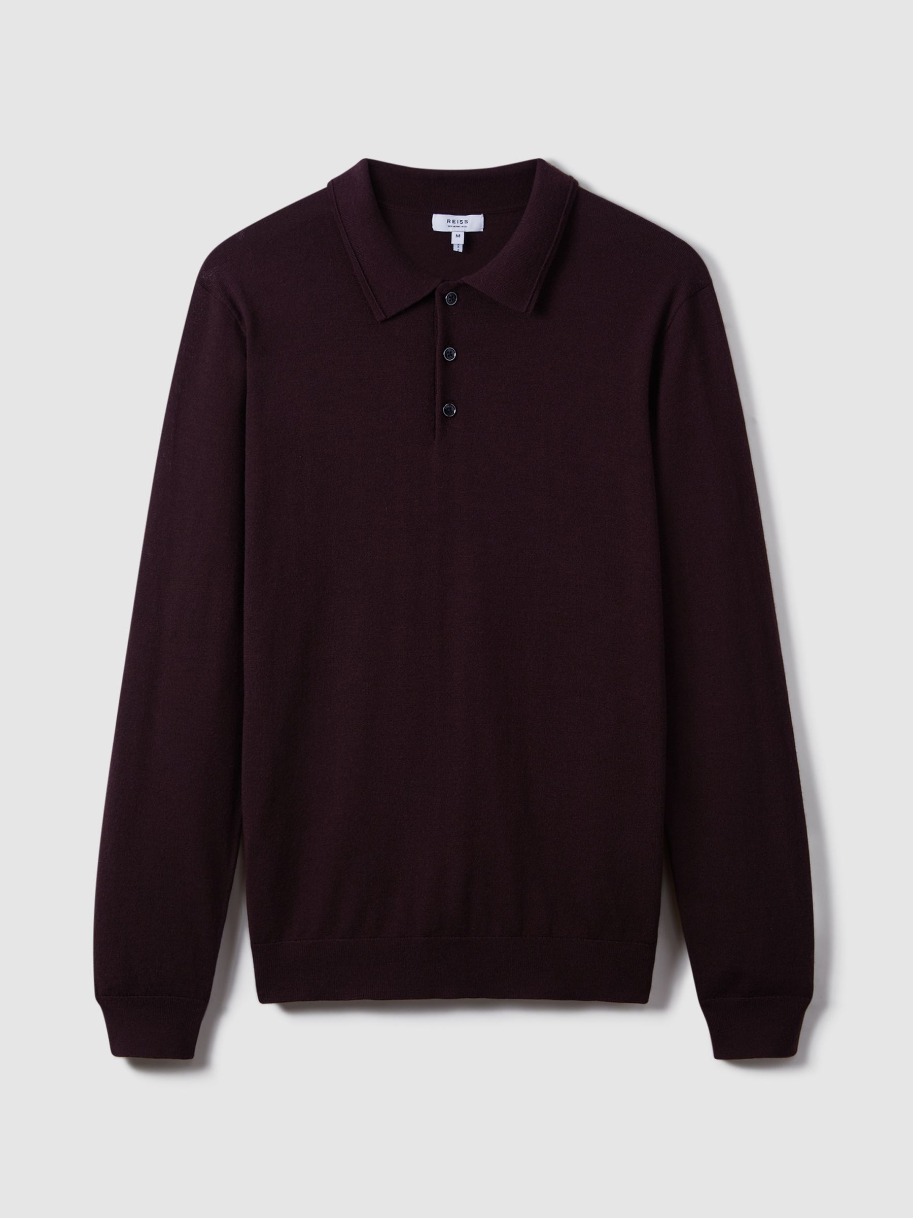 Merino Wool Long-Sleeve Polo Shirt in Dark Bordeaux