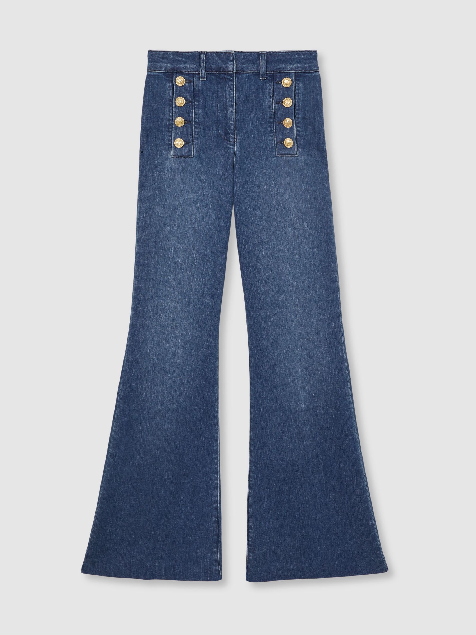 Petite Button-Detail High-Rise Flared Jeans in Mid Blue