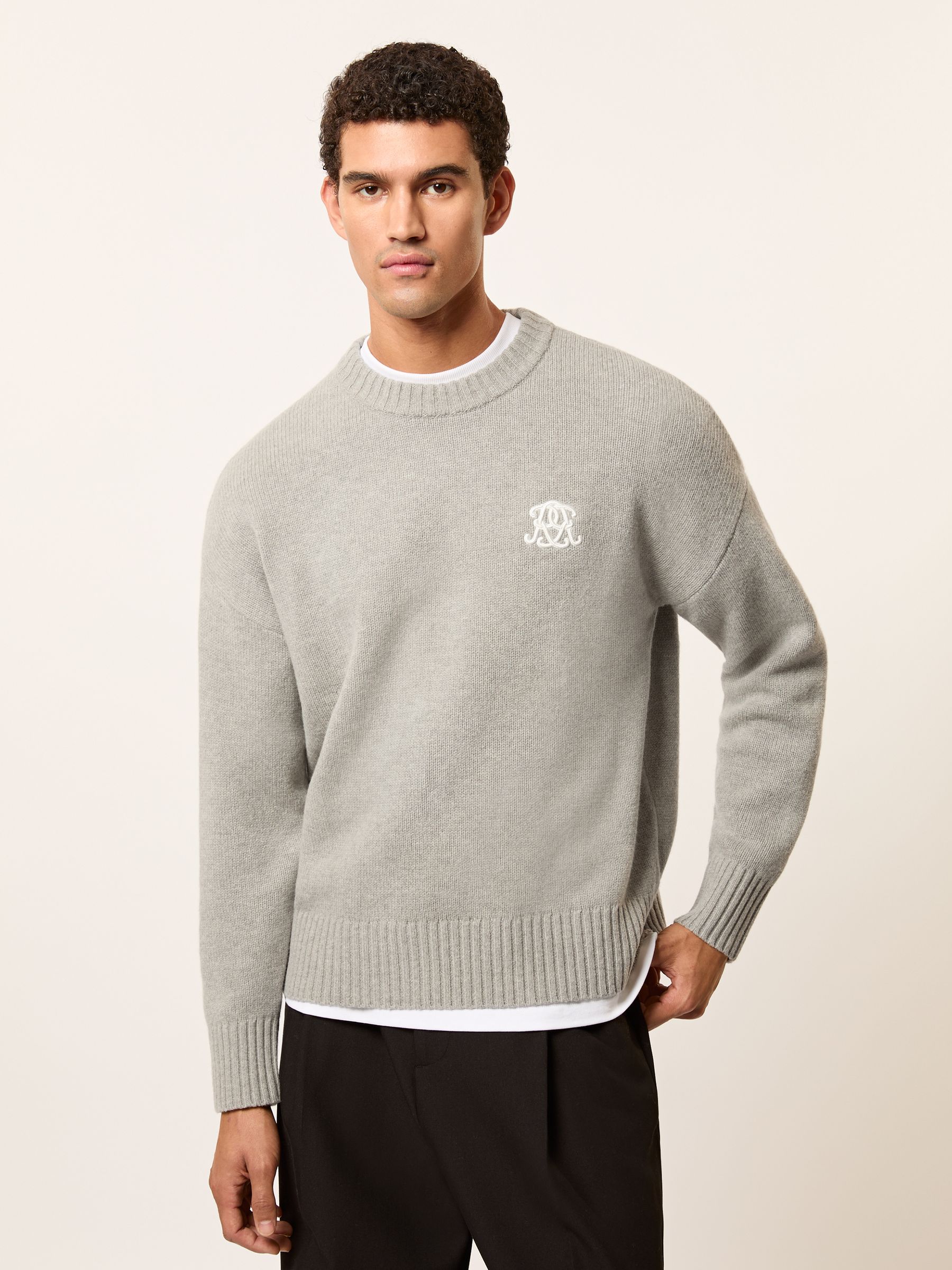 Monogram Embroidered Relaxed Jumper Wool in Grey Melange