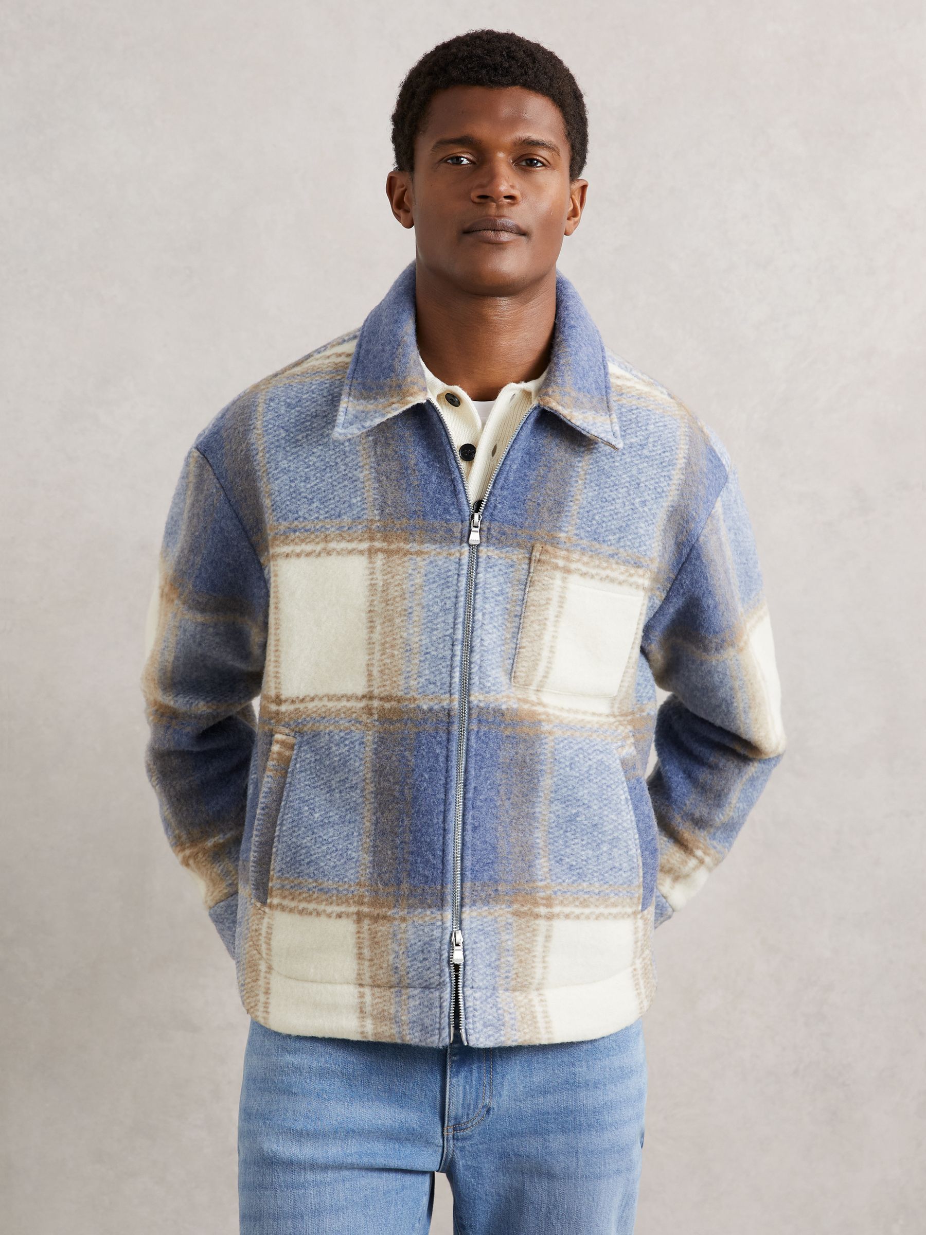 Zip-Through Check Overshirt in Stone/Blue