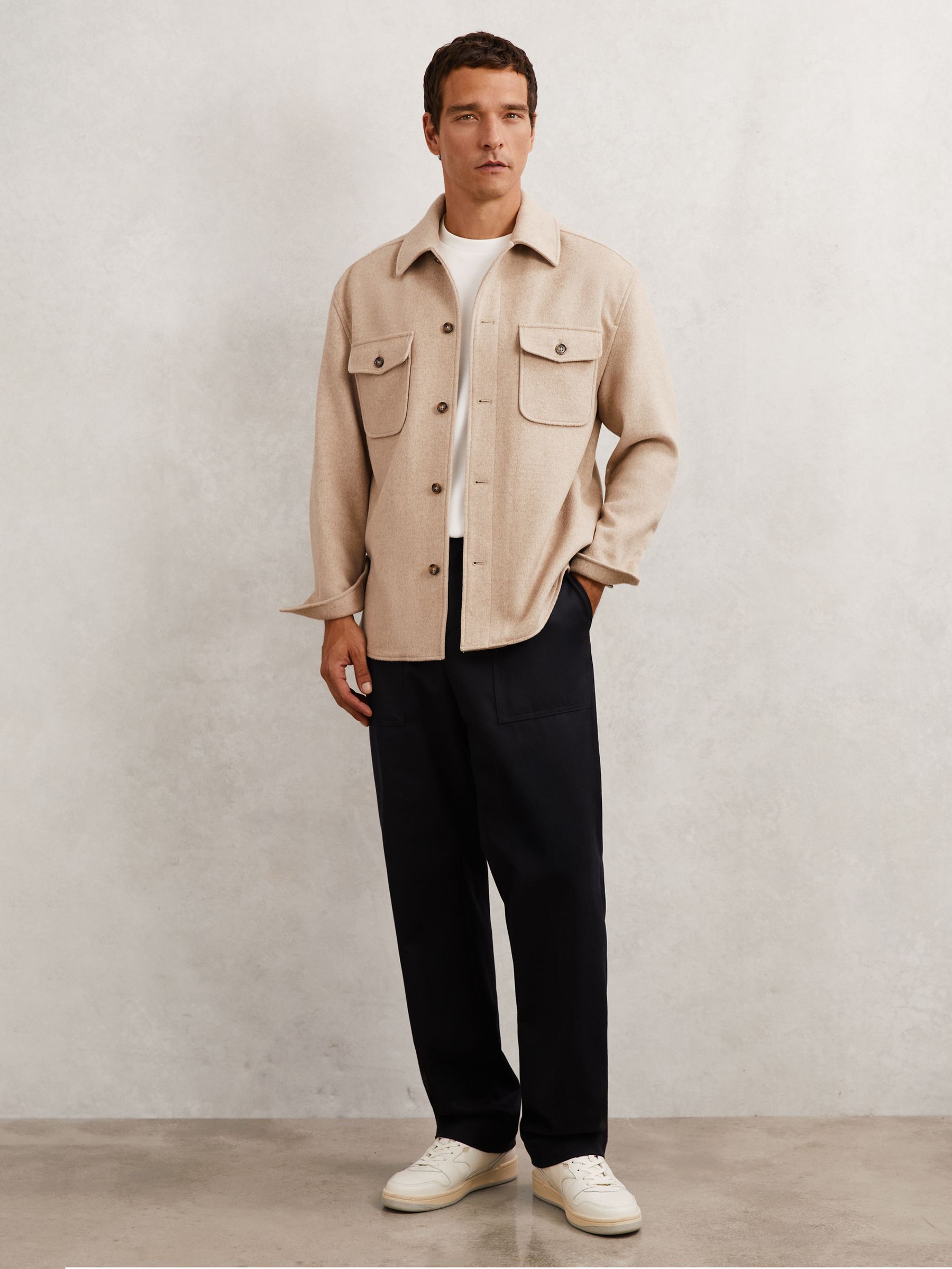 Wool-Blend Twin-Pocket Overshirt in Oatmeal Brown