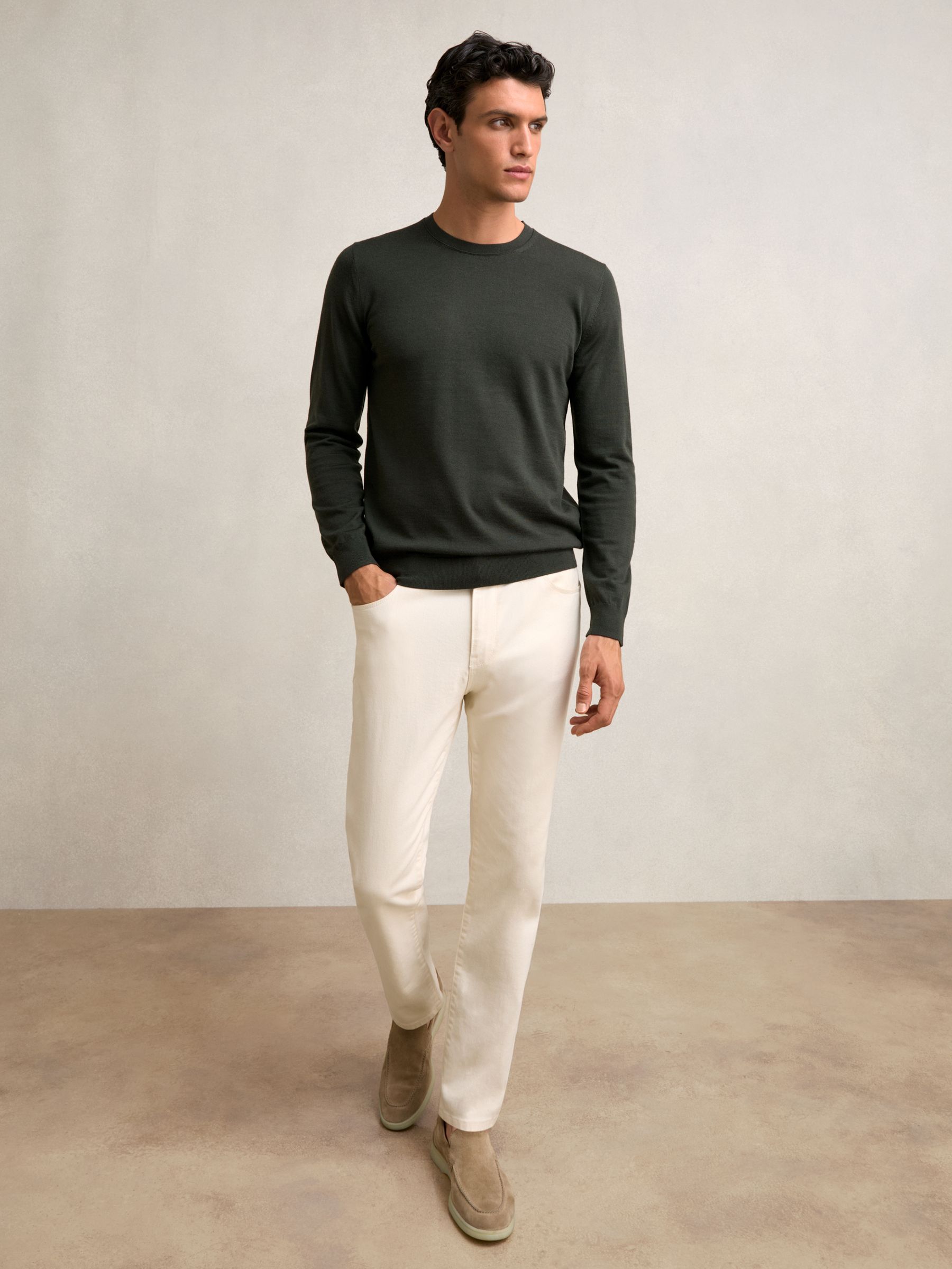 Merino Wool Crew Neck Jumper in Dark Military Green