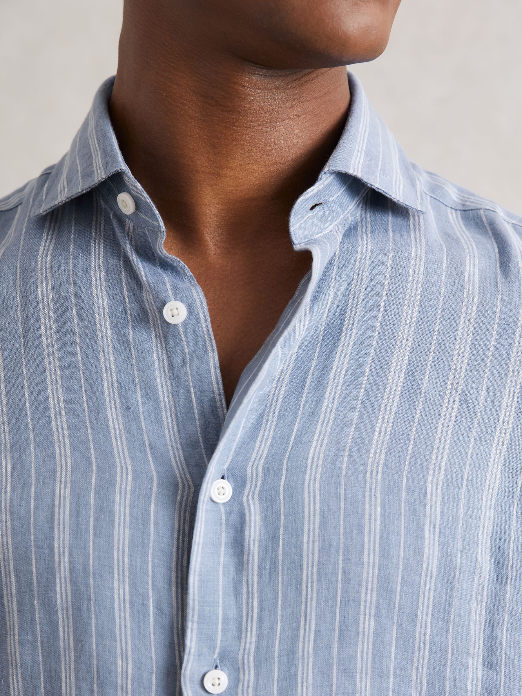 Linen Stripe Long-Sleeve Shirt in Airforce Blue/White