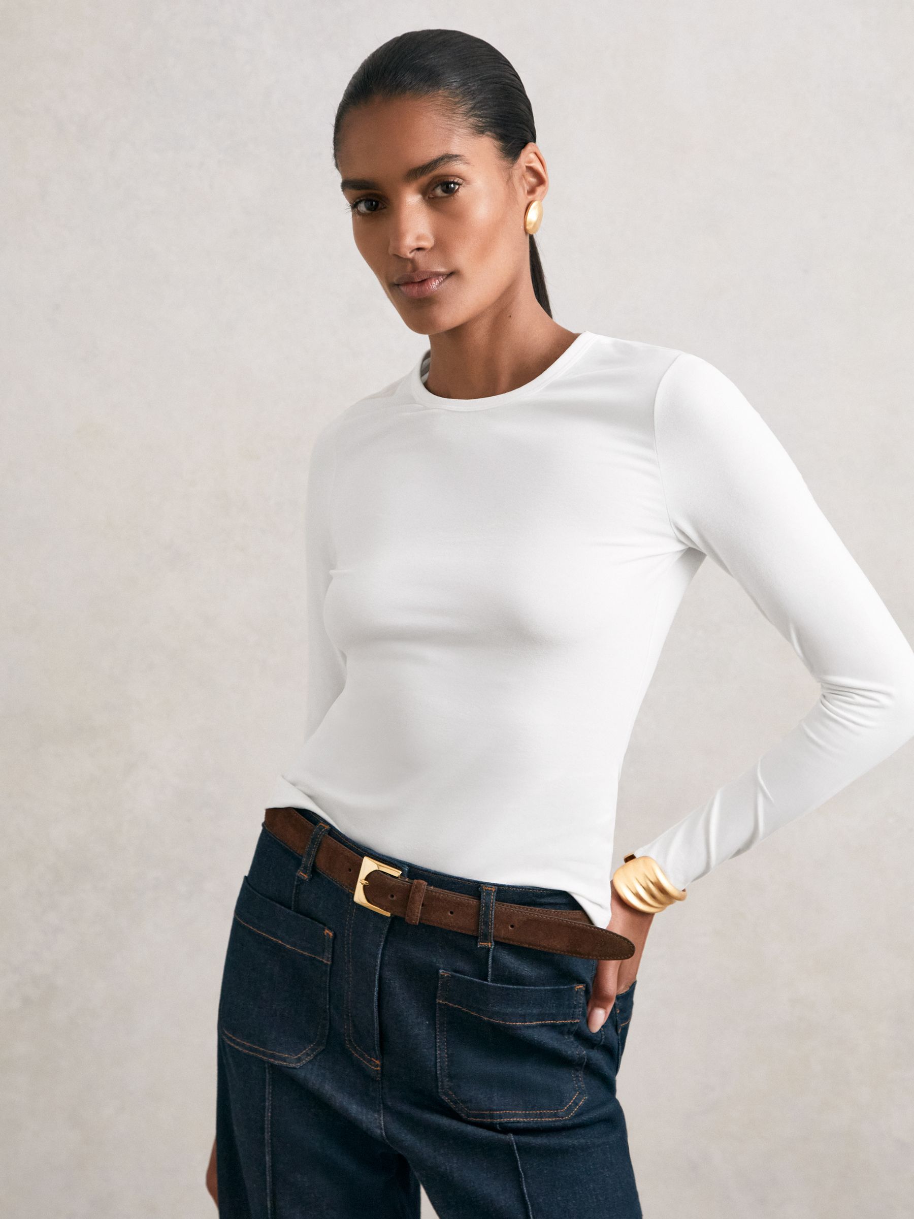 Cotton Crew-Neck Long-Sleeve T-Shirt With Stretch in Plum Purple