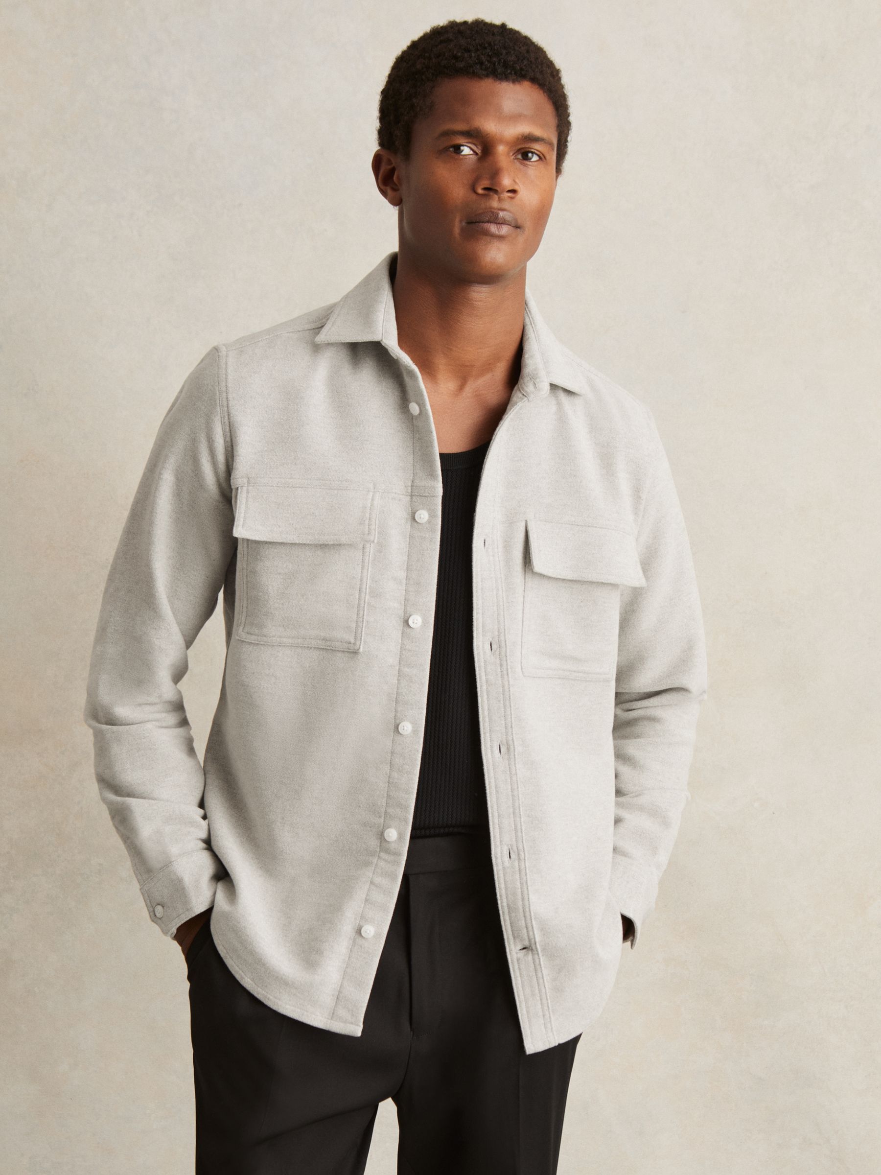 Moleskin-Cotton Twin-Pocket Overshirt in Soft Grey Melange