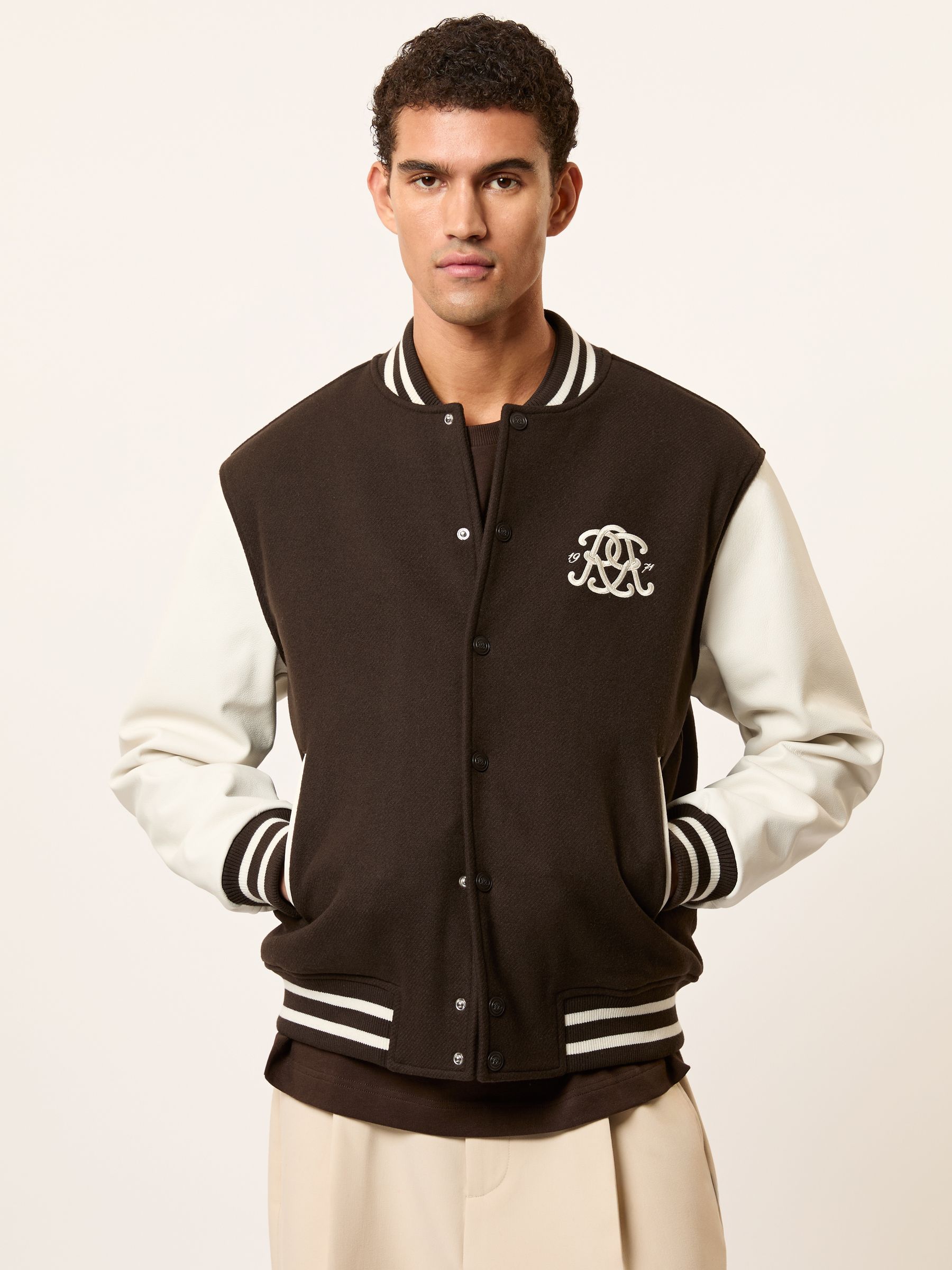 Monogram Leather-Sleeve Varsity Jacket in Brown/White