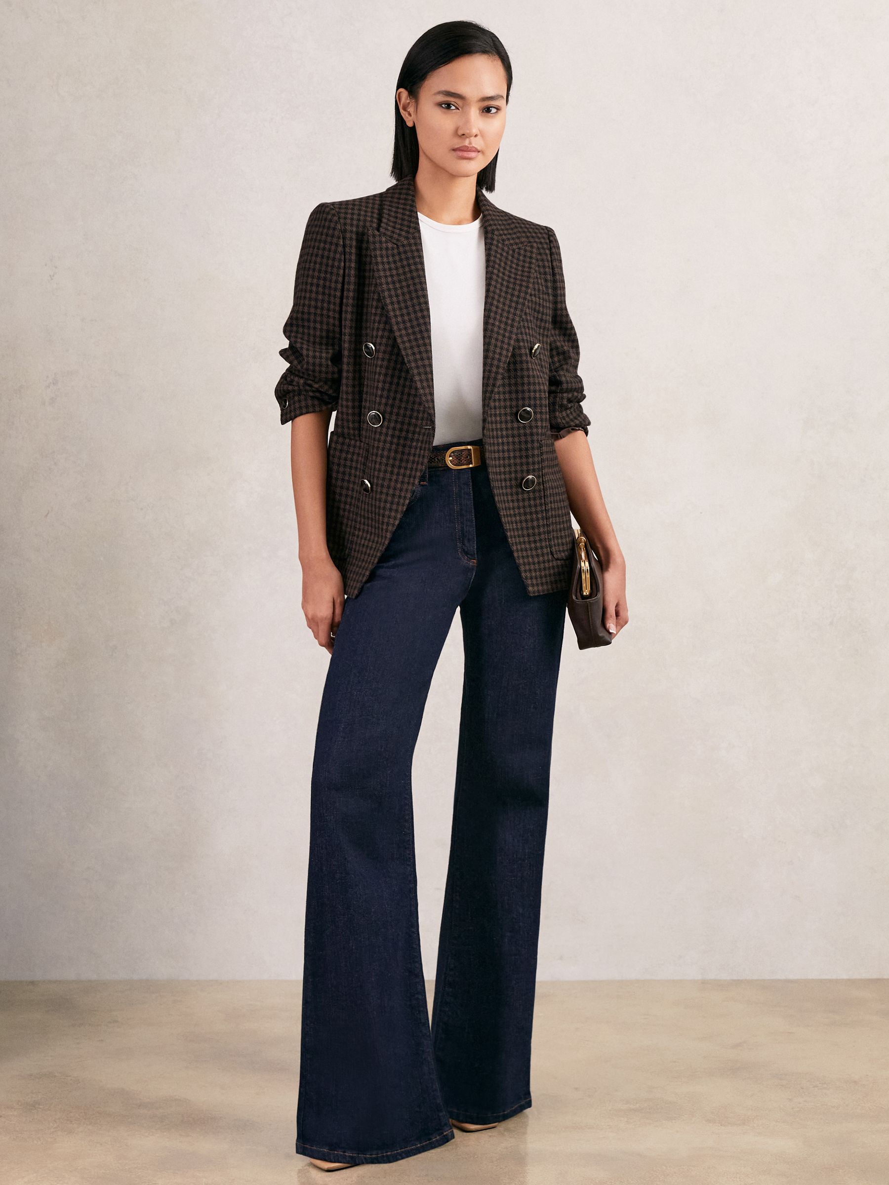 Wool-Blend Double-Breasted Check Blazer in Brown Check