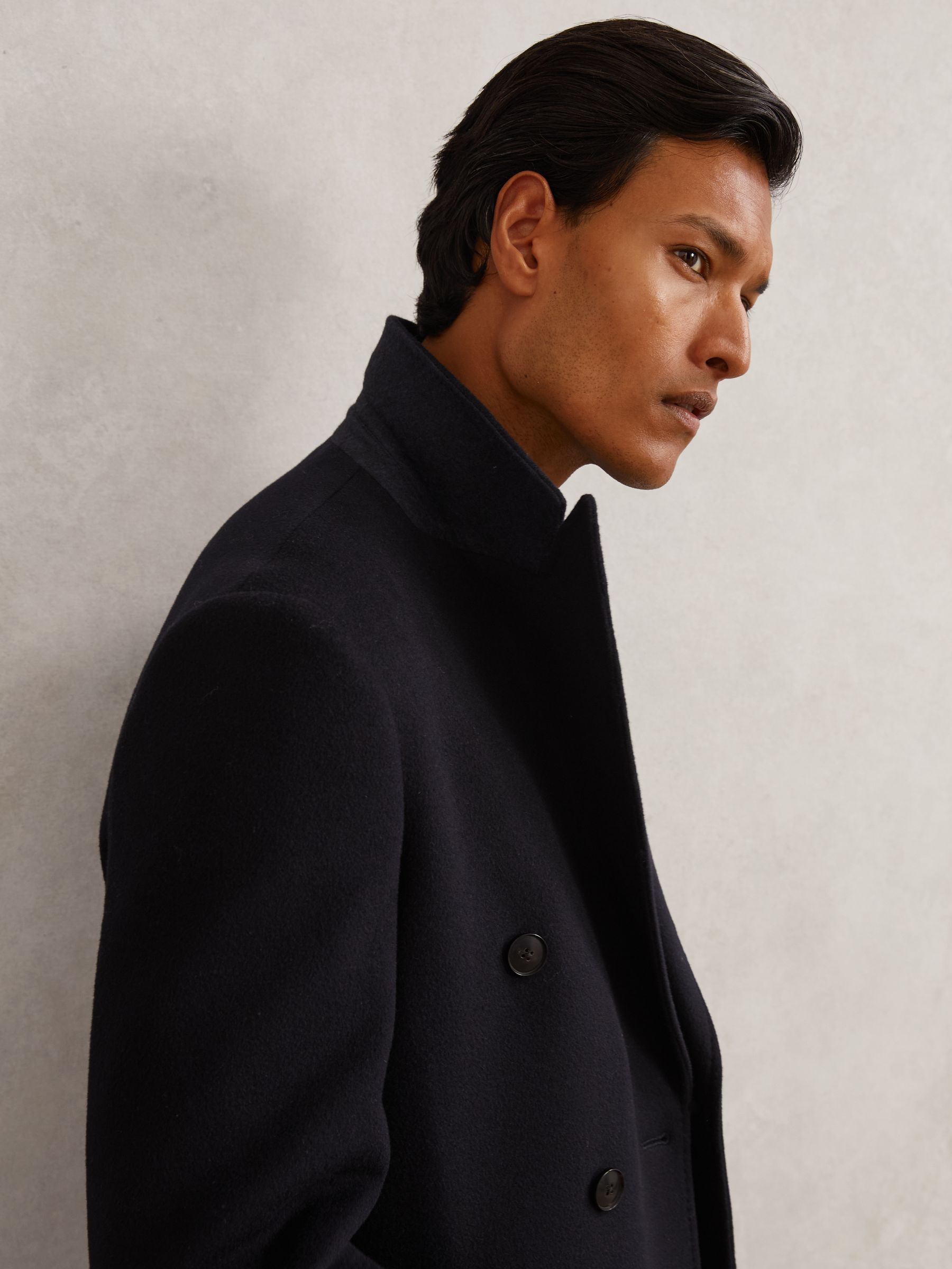 Wool-Blend Double-Breasted Overcoat in Navy